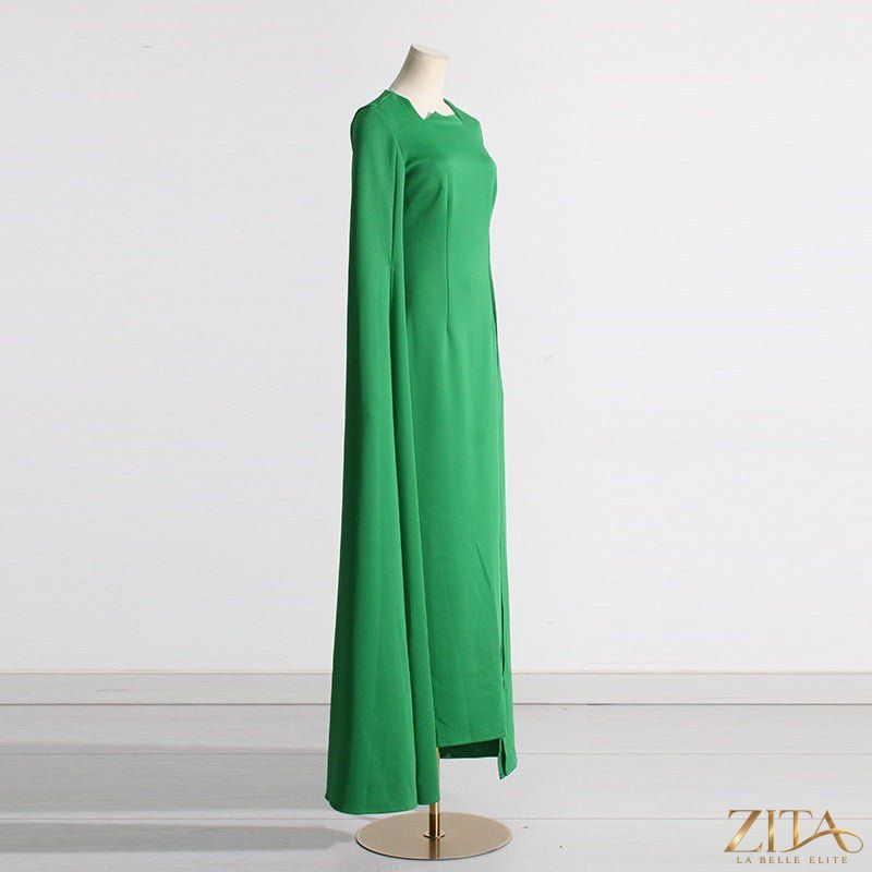 Zita La Belle Elite cape sleeve evening gown with scalloped neckline, fitted silhouette, and back slit for elegant formal occasions.