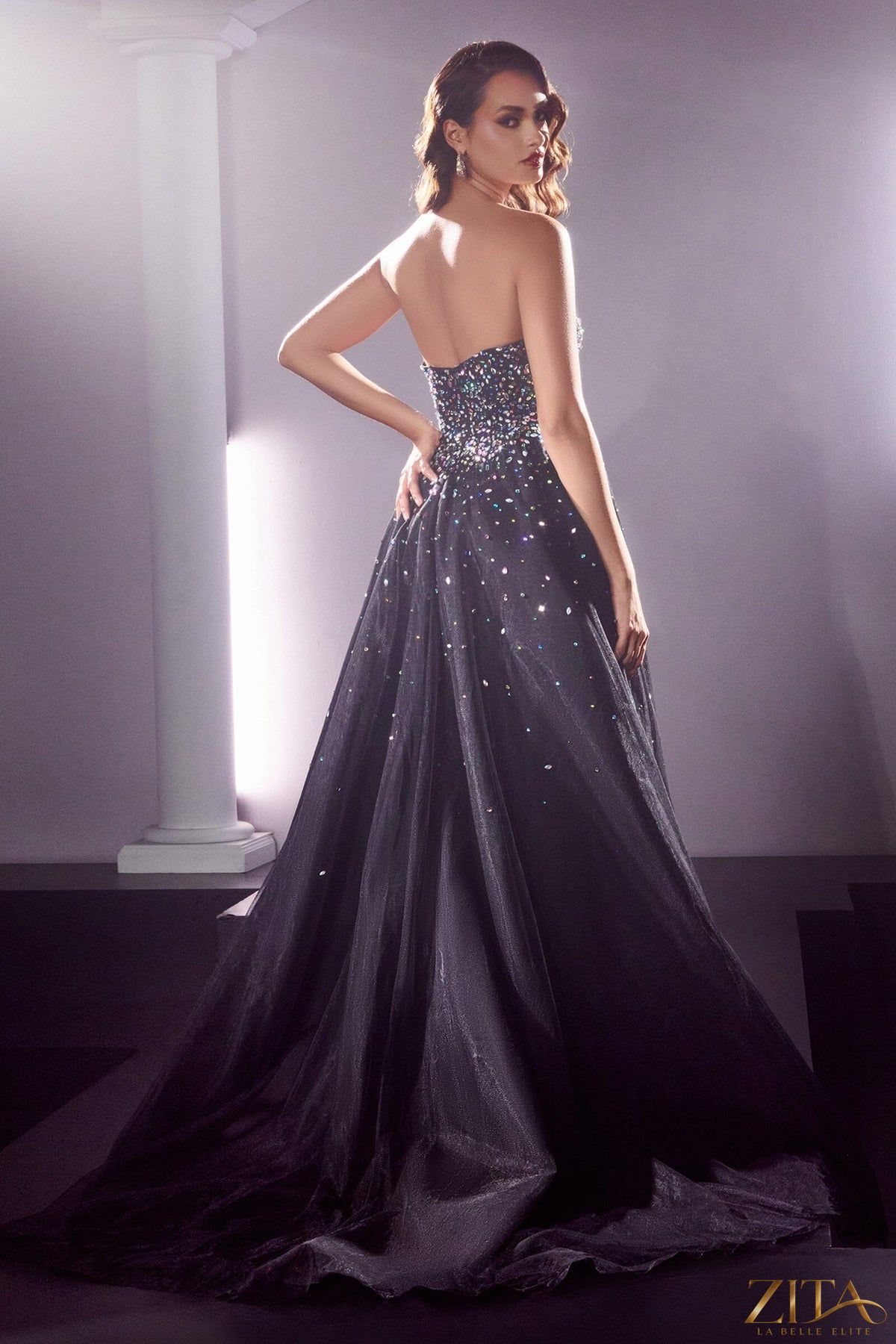 Zita La Belle Elite Ladivine CB114 long strapless formal gown with jewel accents, elegant evening dress with flowing fabric.