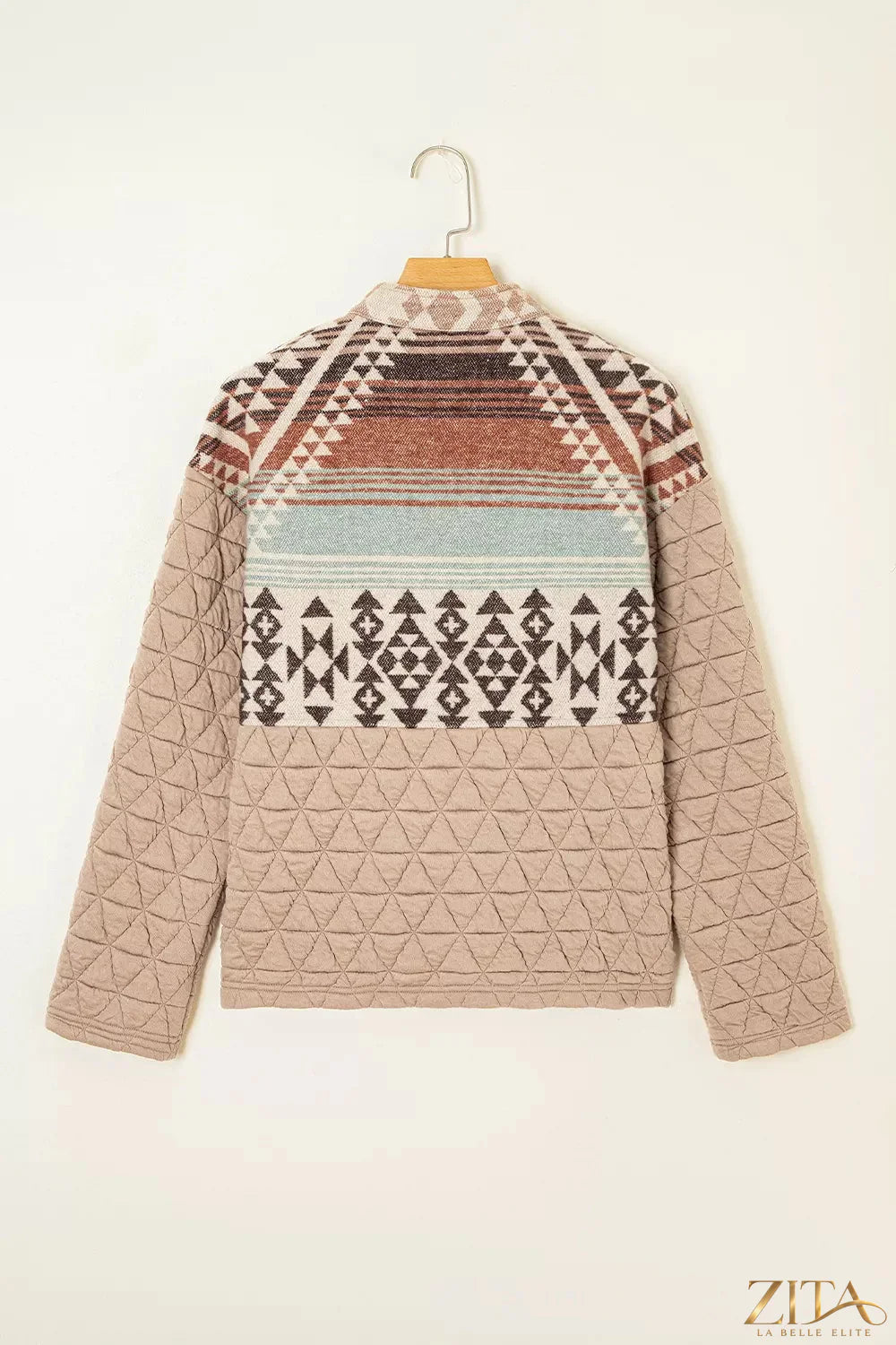 Aztec quilted patchwork western jacket by Zita La Belle Elite, showing detailed stitched patterns and vibrant fabric design.