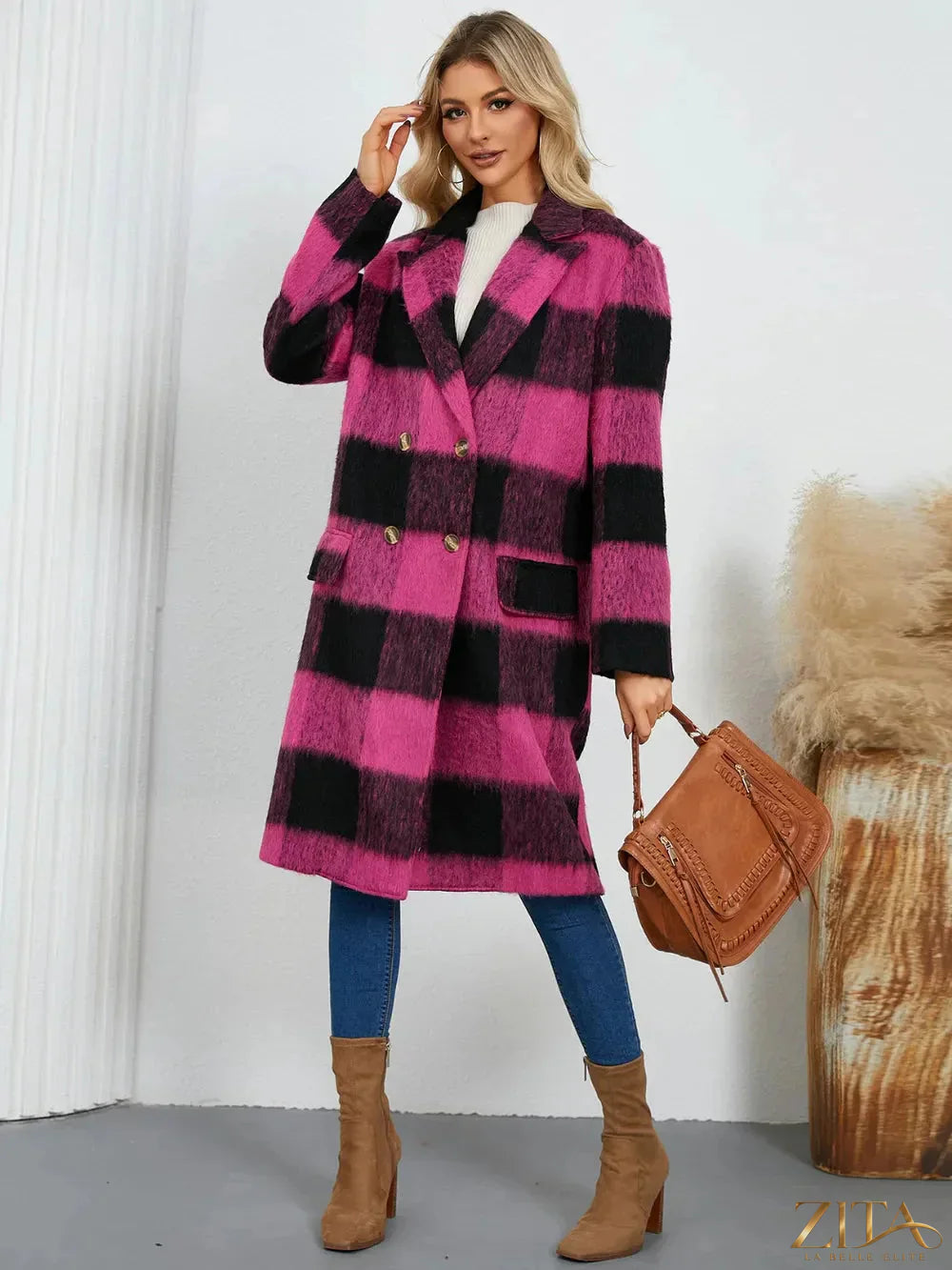 Zita La Belle Elite plaid double-breasted long sleeve coat with classic pattern and tailored fit, displayed on a mannequin.