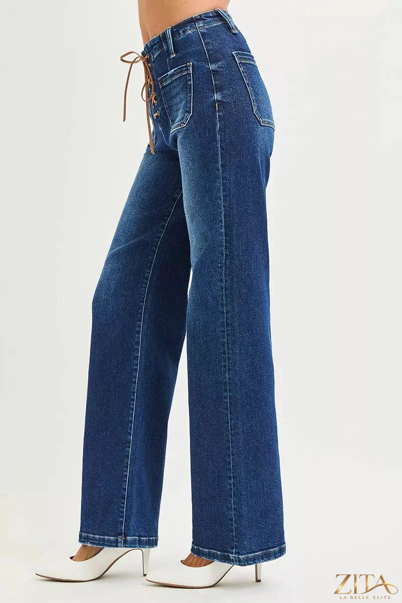 Zita La Belle Elite high rise tie-front wide leg jeans in plus size, featuring a stylish fit and trendy design.