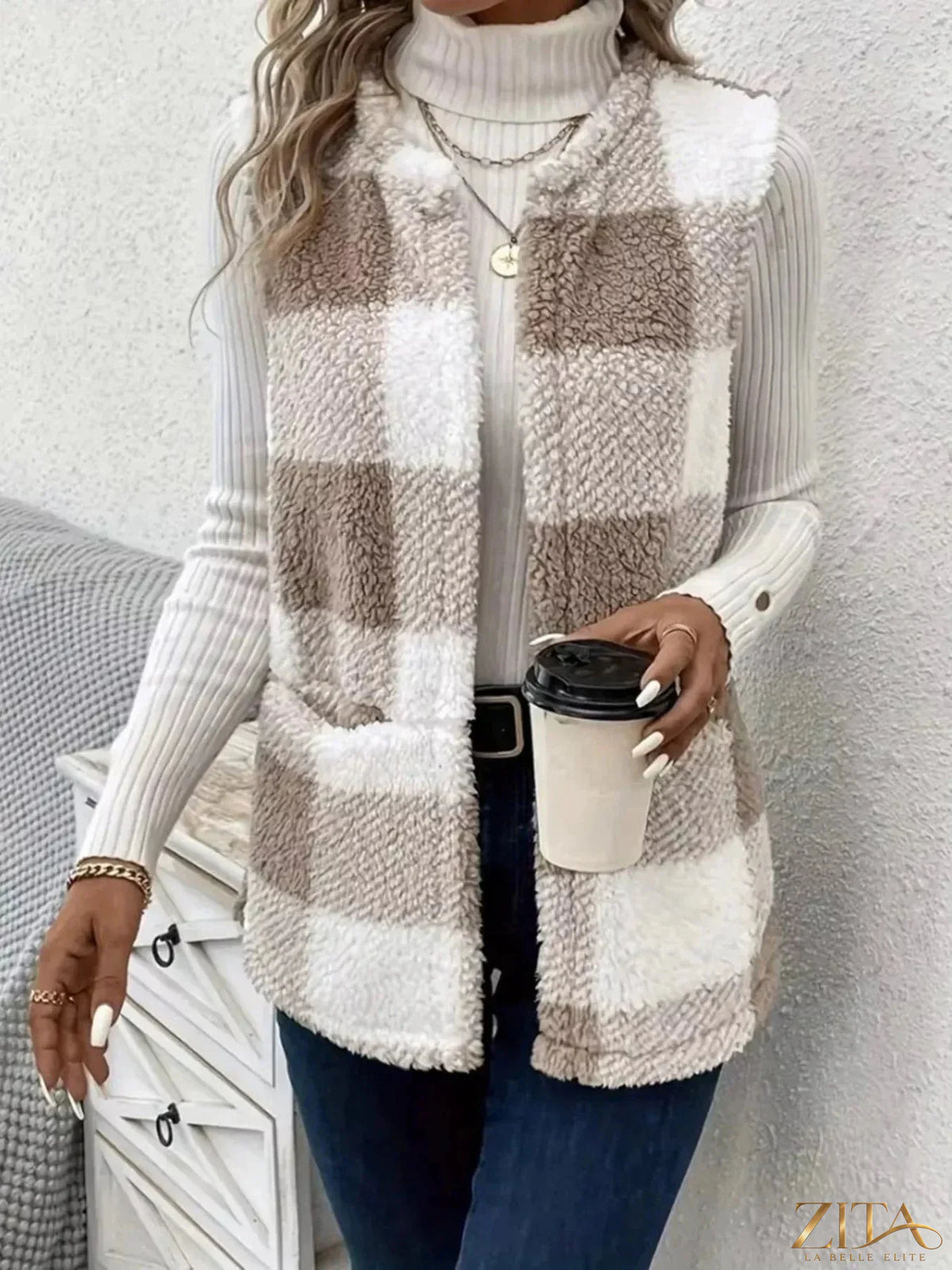 Zita La Belle Elite cozy plaid sherpa vest coat with warm, soft lining and stylish plaid pattern, ideal for chilly weather.