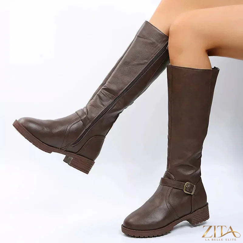 Zita La Belle Elite round toe block heel boots in black leather with sturdy heel and ankle-high design.