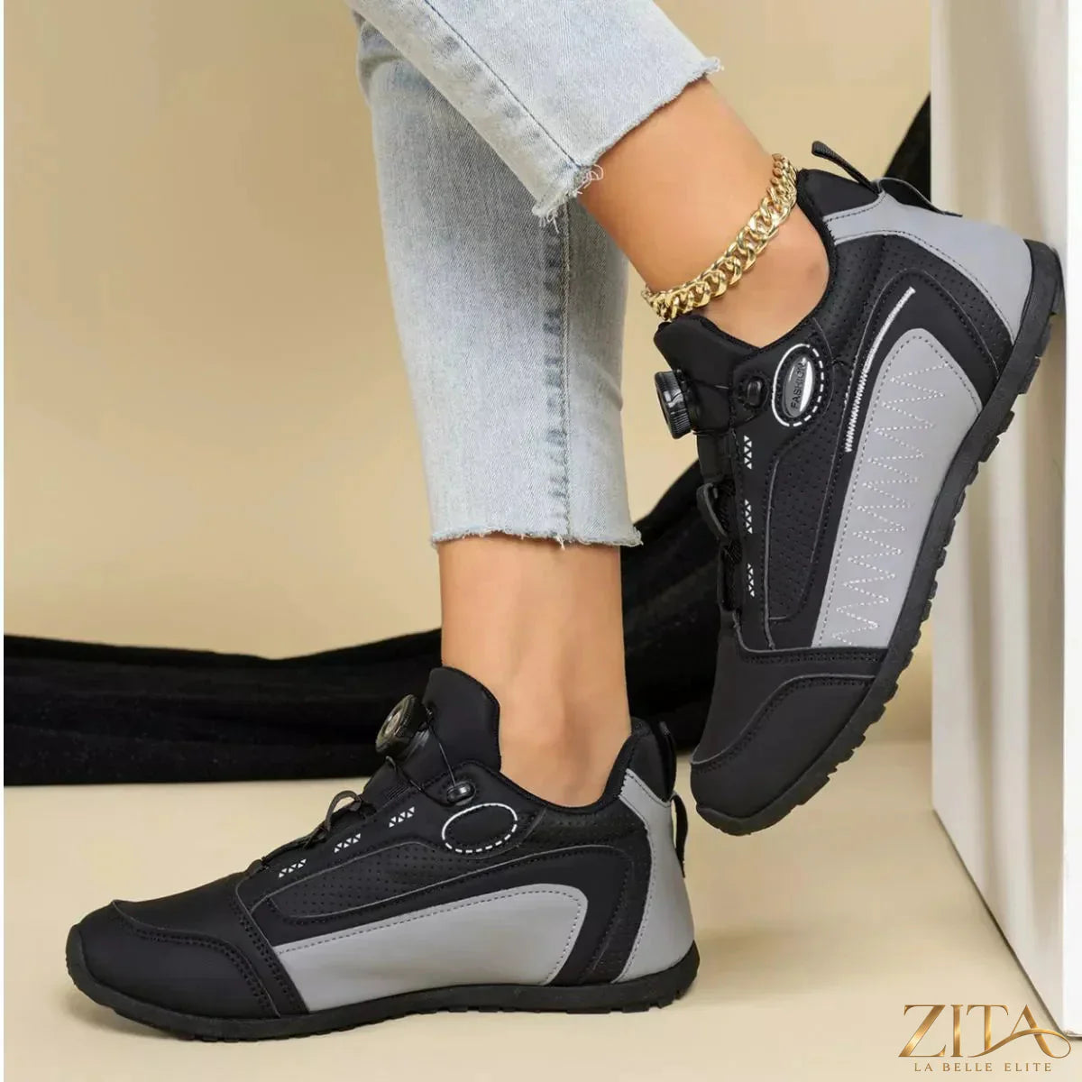 Zita La Belle Elite round toe lace-up sneakers in white with black accents, featuring a stylish and comfortable design.
