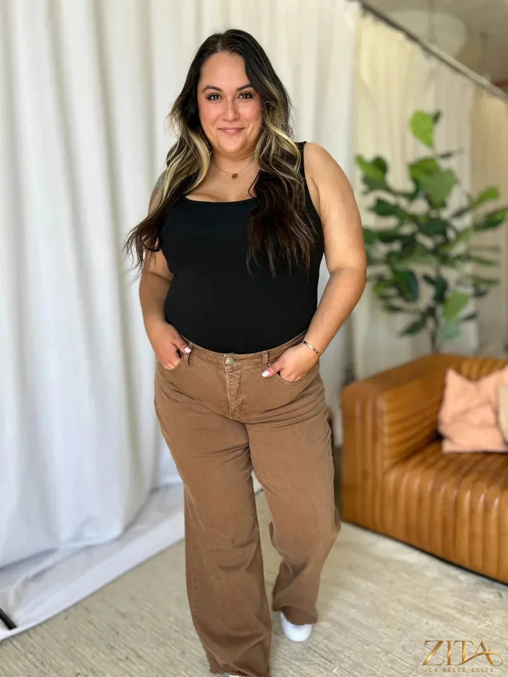 Zita La Belle Elite RFM full size high rise garment dye wide-leg jeans showing the relaxed fit and deep indigo color.