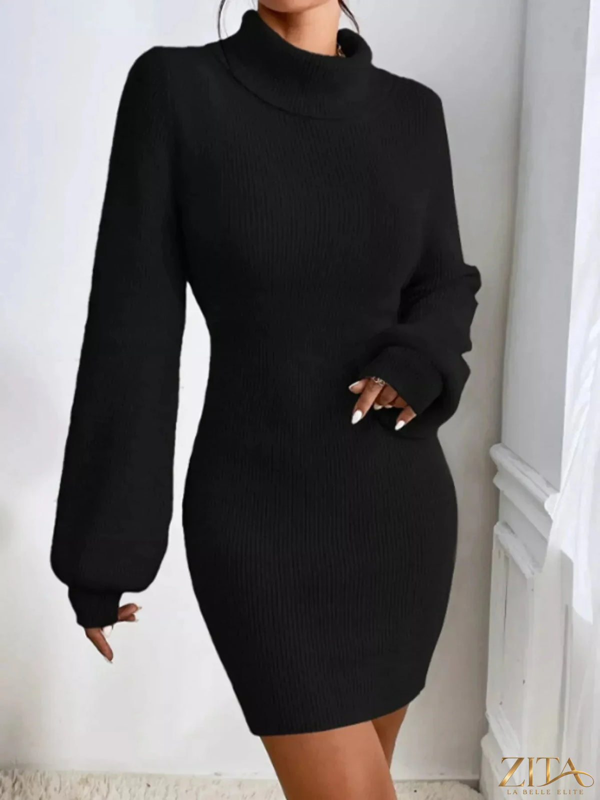 Ribbed knit turtleneck sweater dress by Trendsi, featuring a fitted silhouette and long sleeves in cozy, textured fabric.