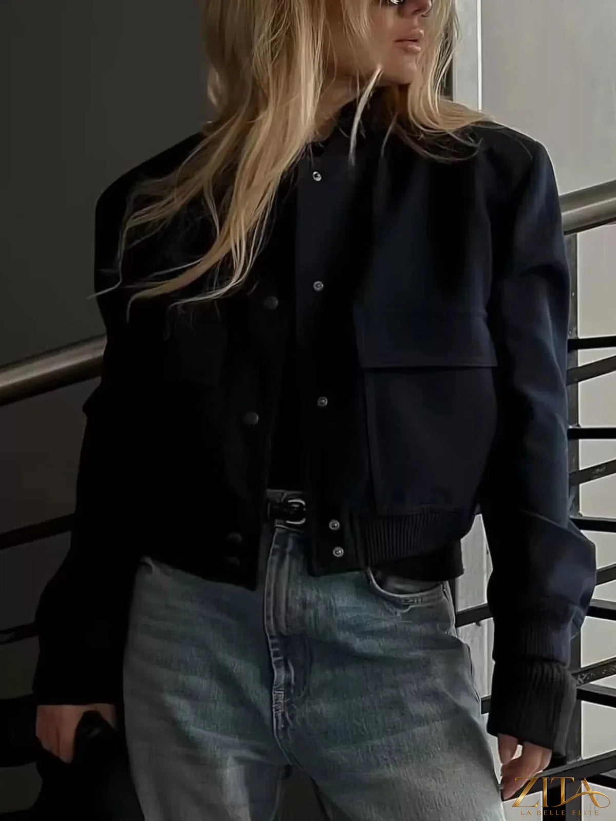 Zita La Belle Elite Snap-Down Cropped Bomber Jacket in black with ribbed cuffs and hem, stylish and modern outerwear.
