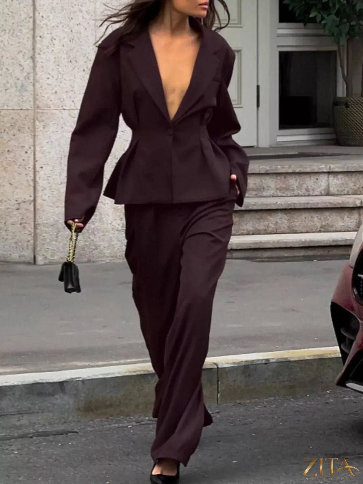 Zita La Belle Elite one-button blazer and wide-leg pants set, stylish tailored women's suit, in neutral fabric.