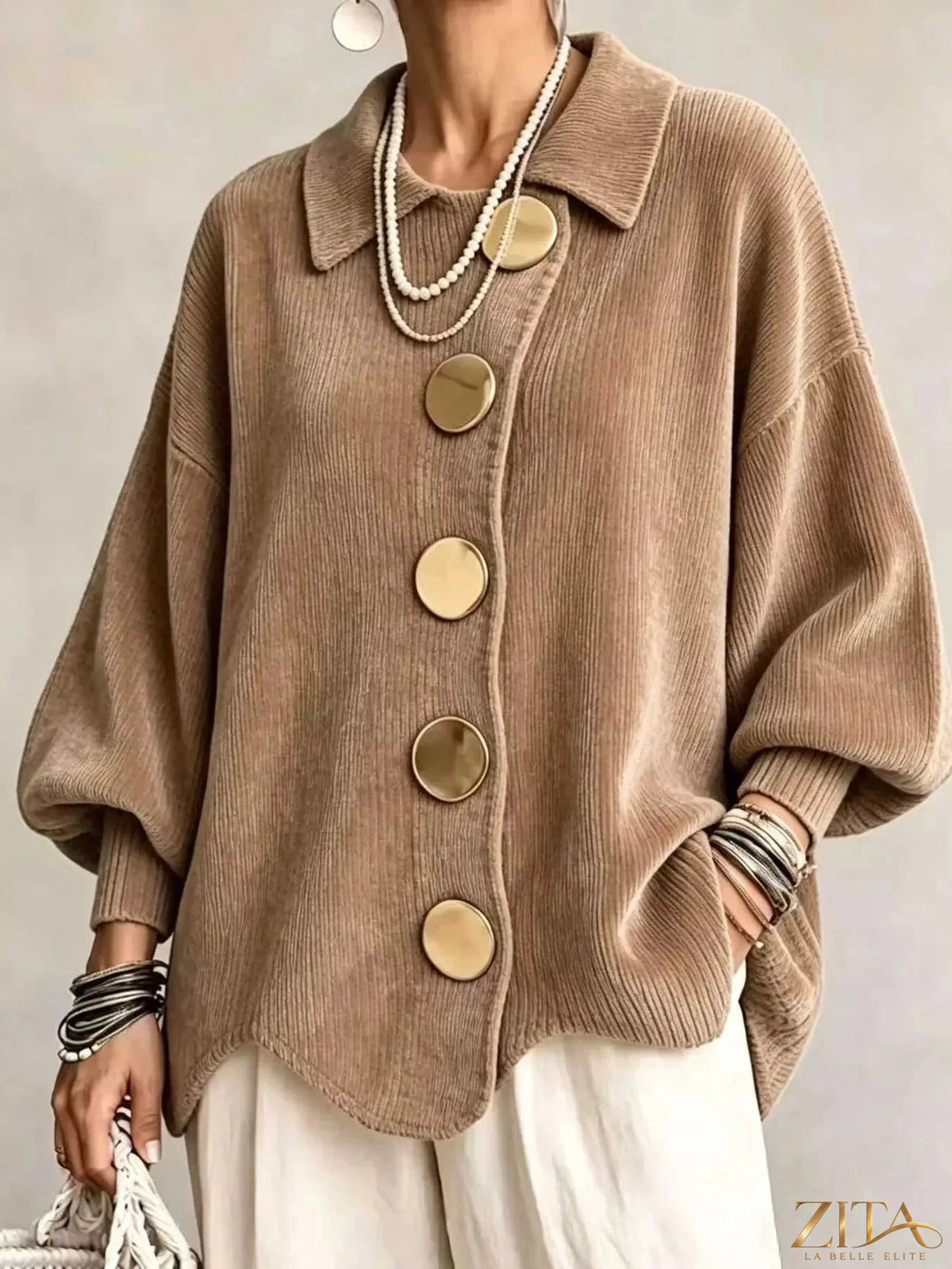 Plus size ribbed knit cardigan with gold buttons from Zita La Belle Elite, featuring a full-size fit and stylish design.