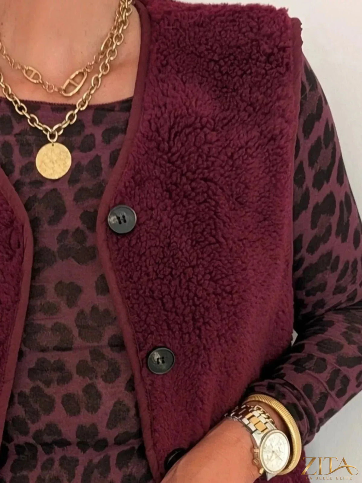 Zita La Belle Elite fleece button-down vest coat in soft, cozy fabric with front buttons and a stylish collar.
