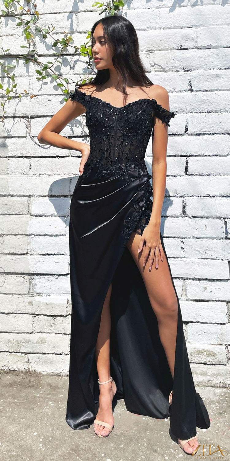 Zita La Belle Elite long black floral off-the-shoulder evening gown with thigh-high slit