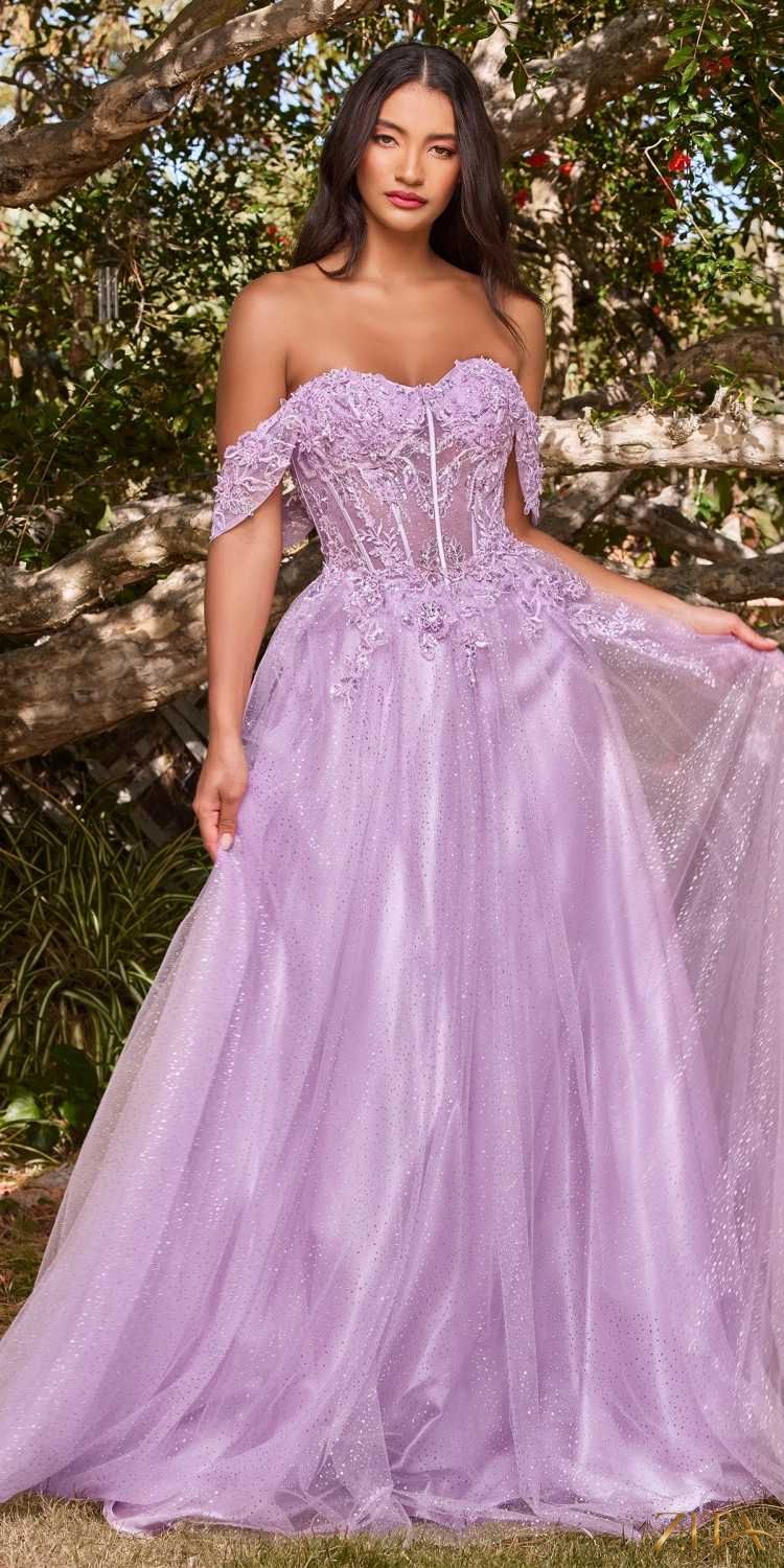 Lavender off-shoulder lace A-line gown by Zita La Belle Elite, Cinderella Divine CD0198 dress with elegant lace details