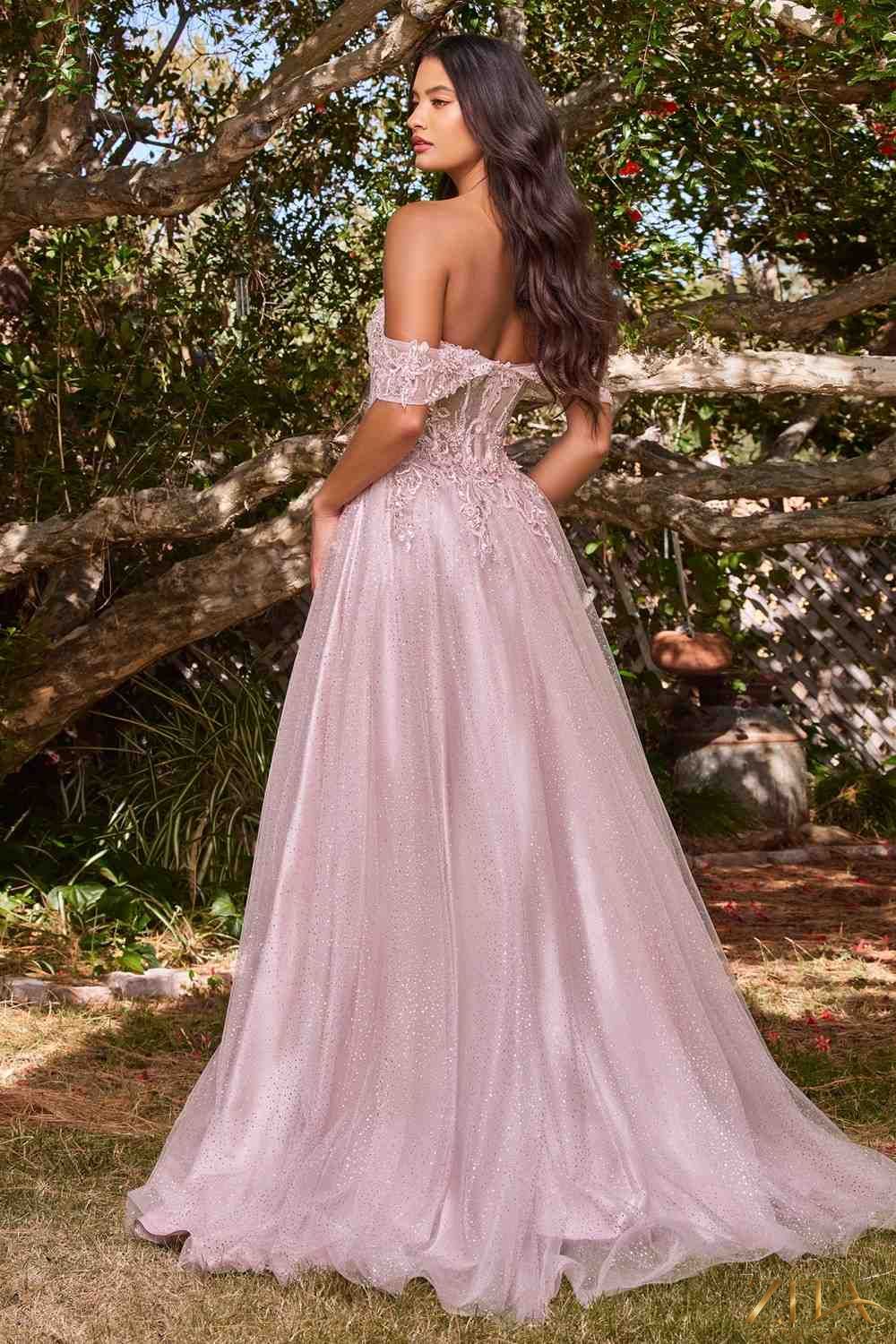 Mauve off-shoulder lace A-line gown by Zita La Belle Elite, elegant Cinderella Divine CD0198 dress with intricate lace details.