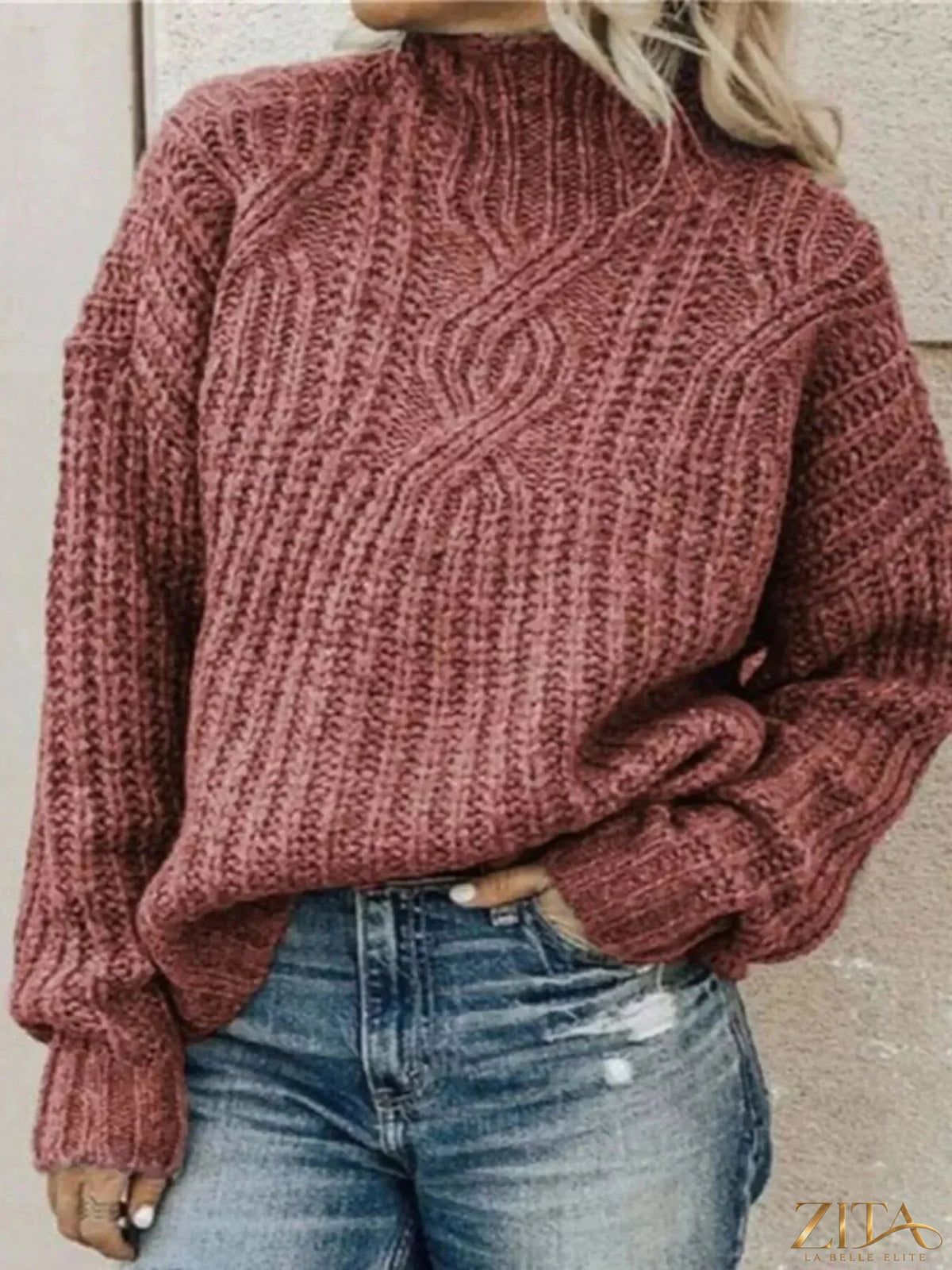 Zita La Belle Elite turtleneck long sleeve sweater in soft knit fabric, close-up of the beige color and ribbed collar.