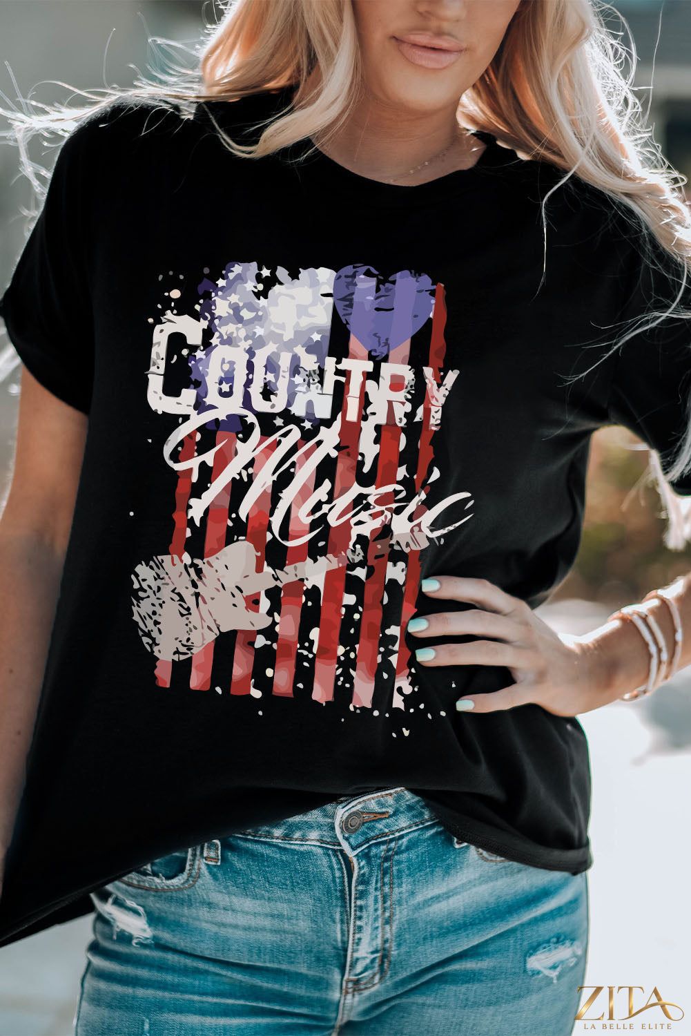 Country music graphic T-shirt by Trendsi featuring a vibrant country-themed design on a casual cotton tee.