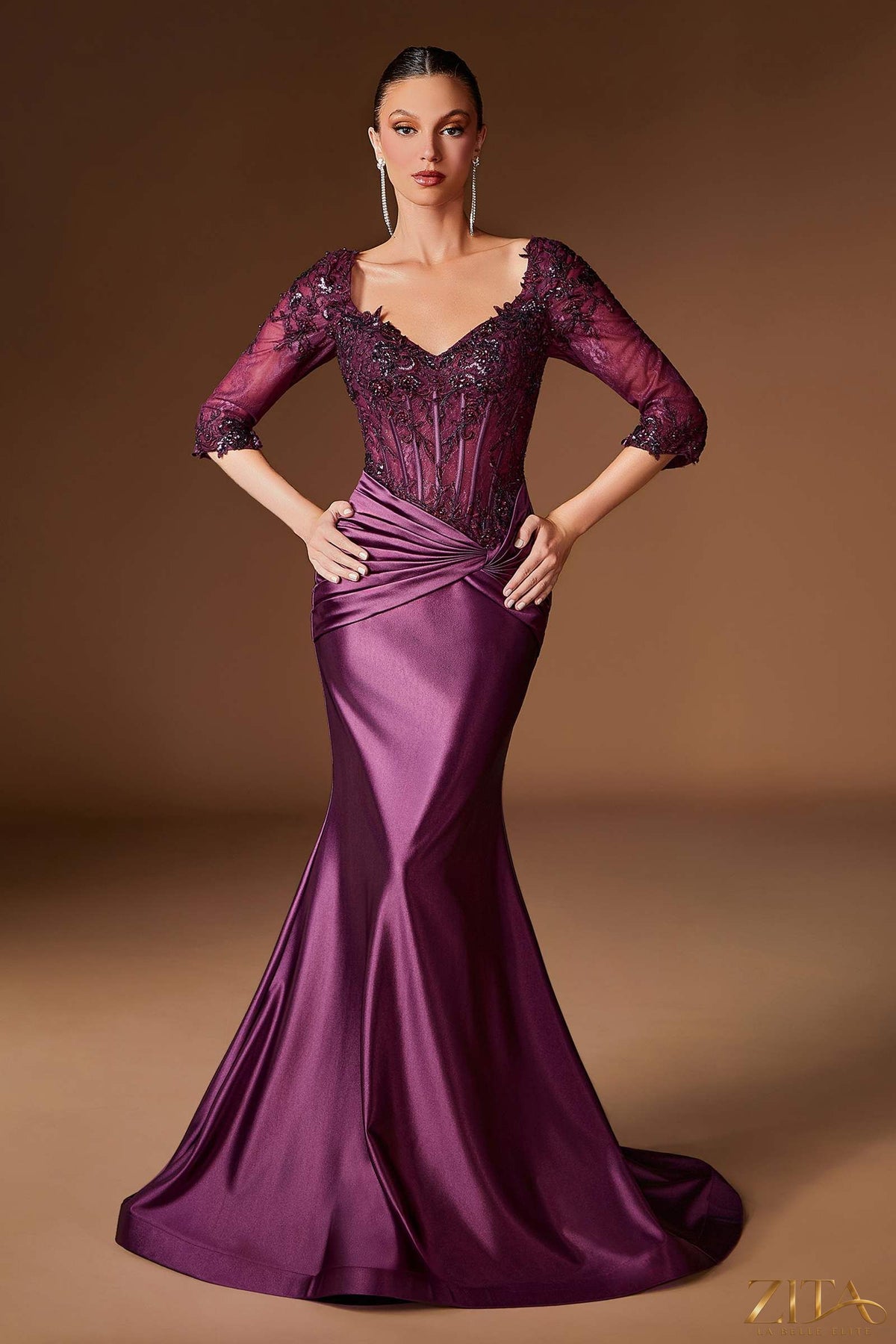 Eggplant-colored fitted embroidered bodice satin evening gown by Zita La Belle Elite, showcasing a sleek, elegant dress design.