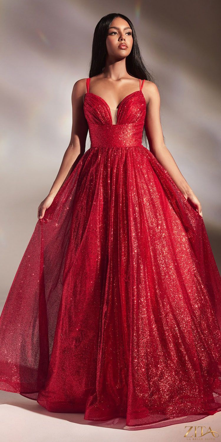 Red floor-length A-line glitter ball gown by Zita La Belle Elite, elegant dress with shimmering embellishments for formal occasions.