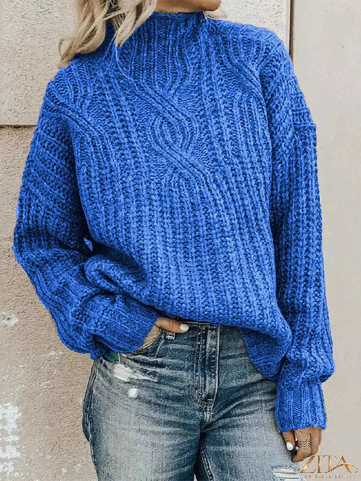 Zita La Belle Elite turtleneck long sleeve sweater in cozy knit fabric, shown in a stylish fit on a model.