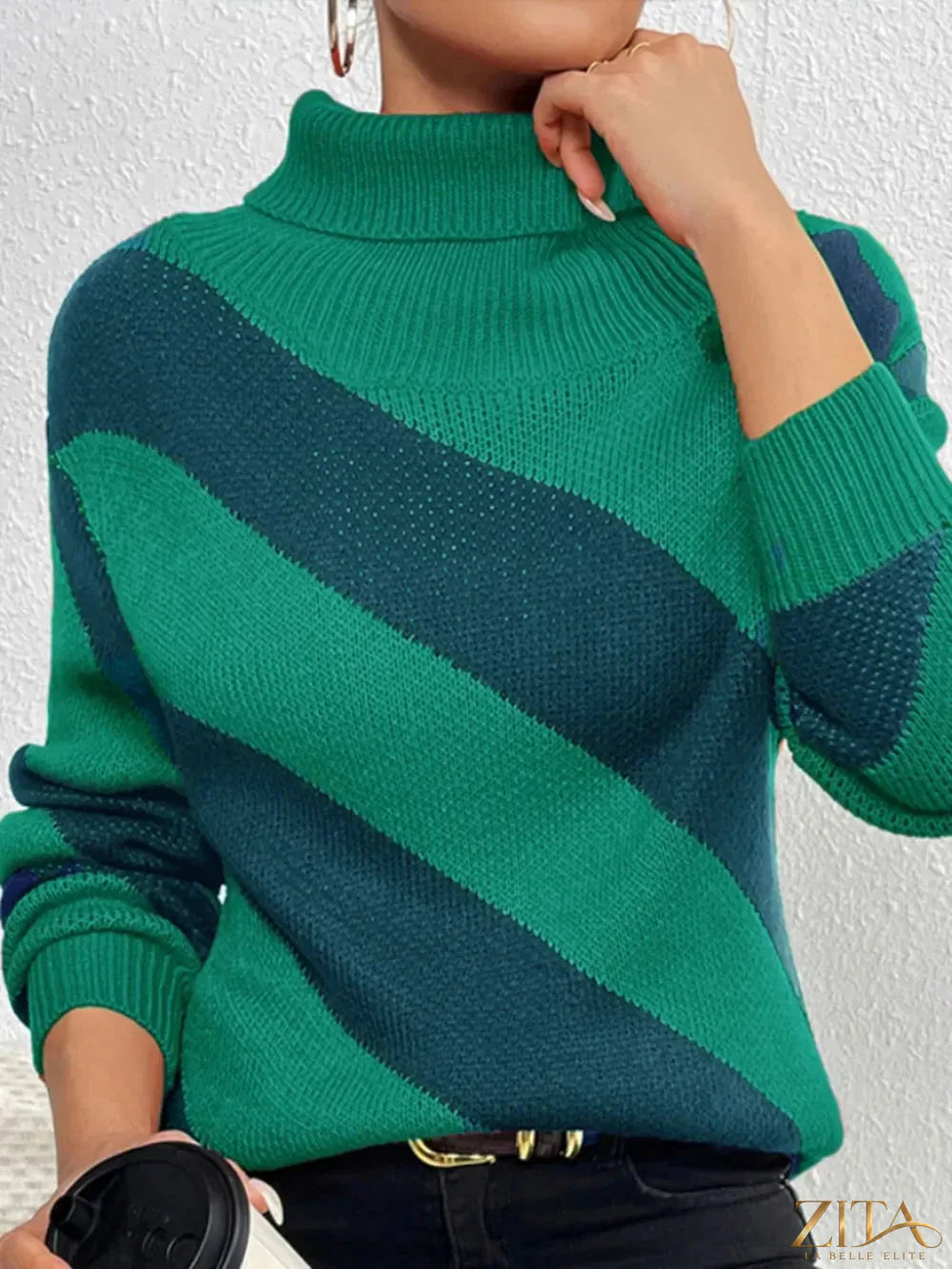 Striped turtleneck sweater with dropped shoulders, Trendsi brand, featuring a cozy knit design and relaxed fit.