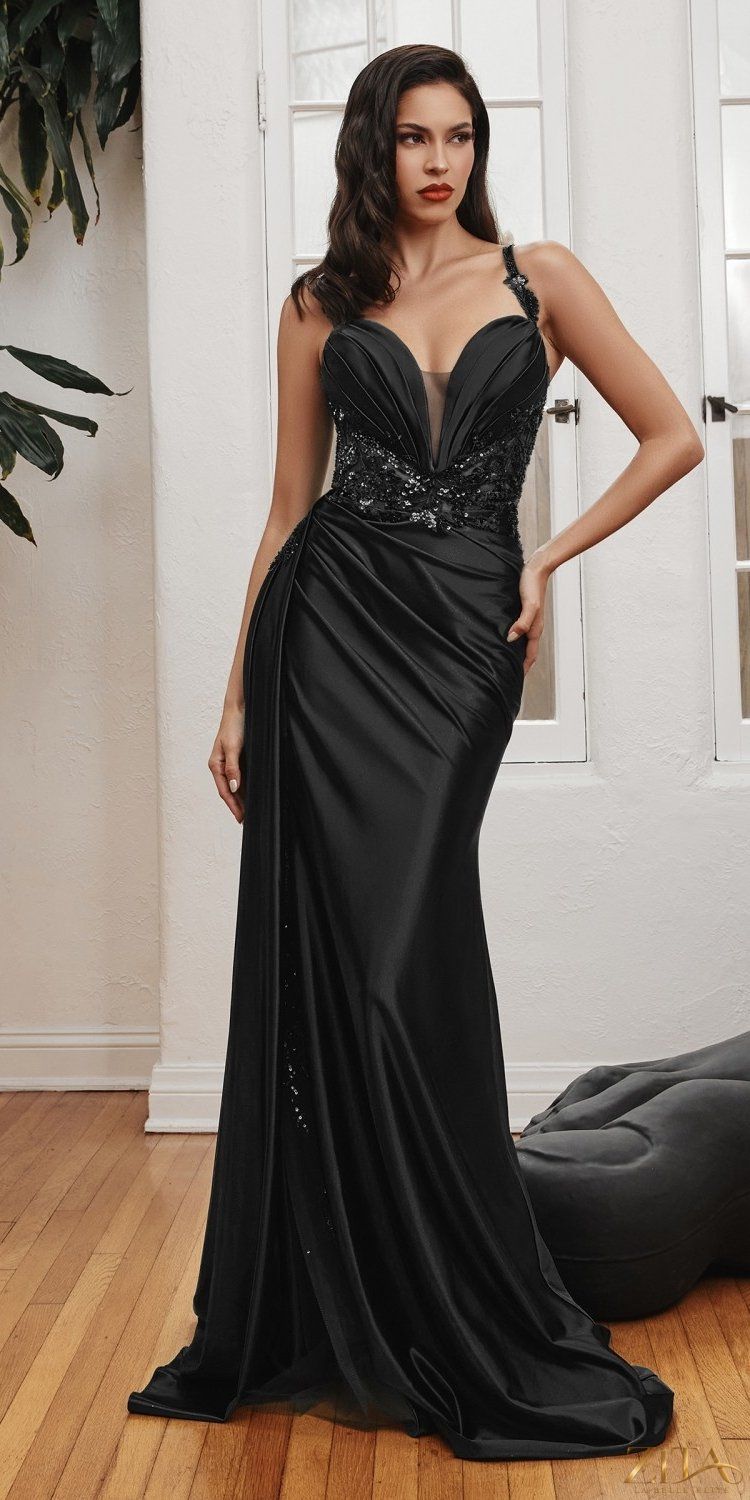 Black floor-length satin fitted gown with side sash by Zita La Belle Elite, showcasing an elegant, smooth fabric and sleek silhouette.
