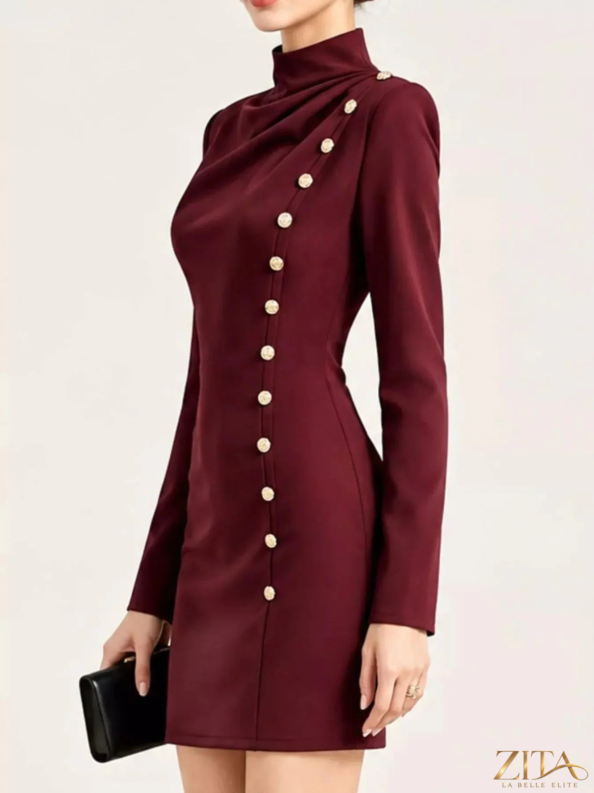 Plus size Zita La Belle Elite mini dress with decorative buttons and mock neck, featuring a full-size fit and stylish design.