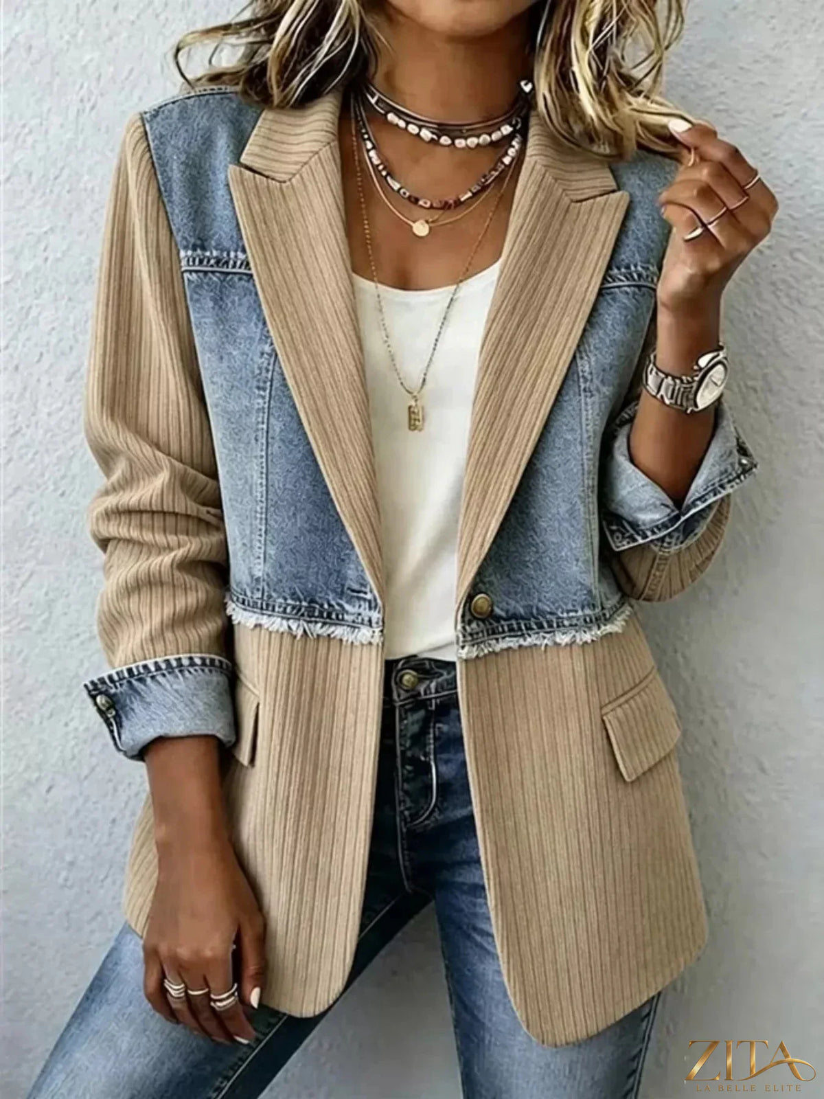 Full size patchwork denim ribbed blazer by Zita La Belle Elite, showcasing a stylish plus size blazer with patchwork details and ribbed fabric.
