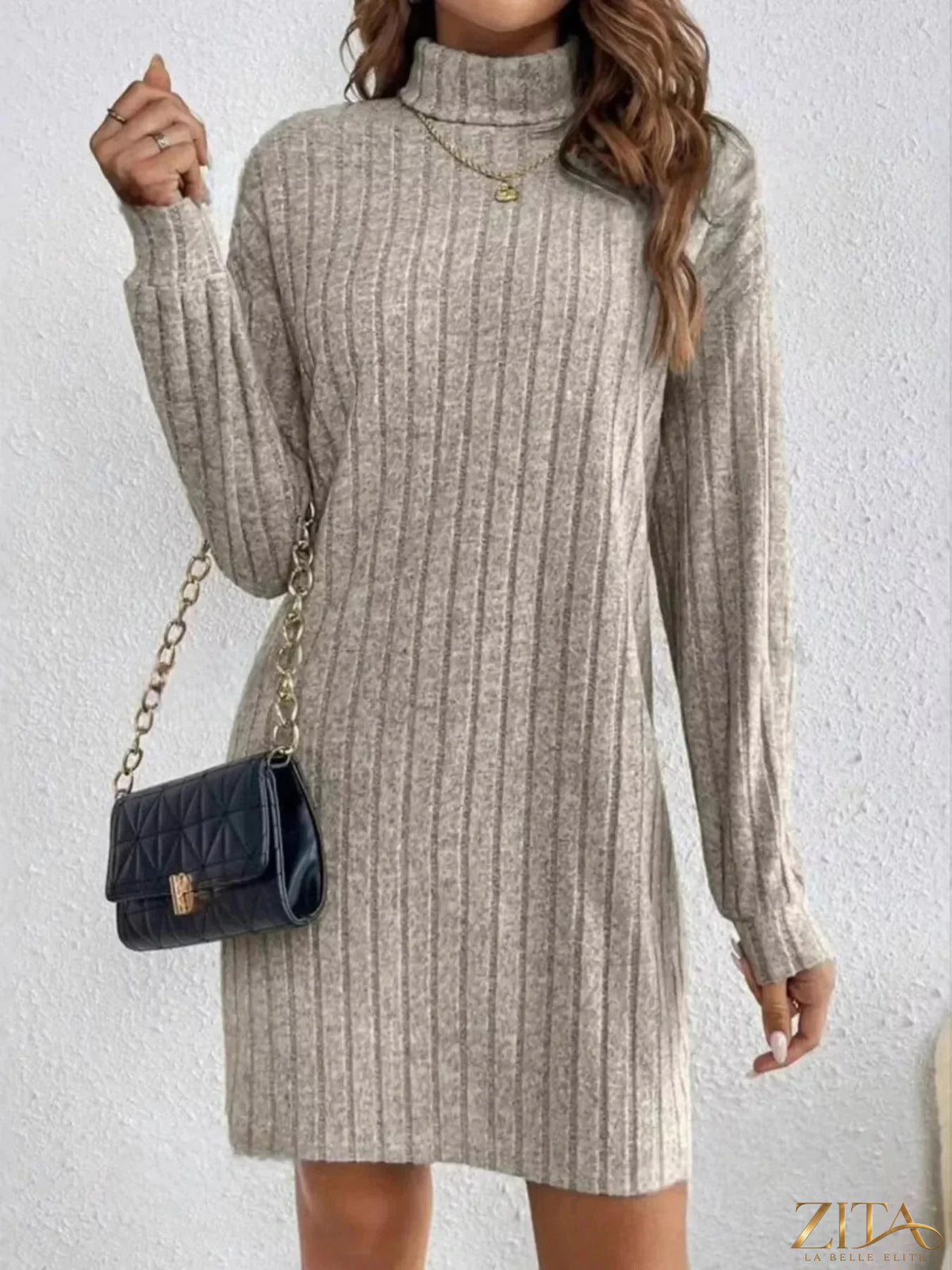 Ribbed knit turtleneck mini dress in black from Trendsi, featuring a fitted silhouette and long sleeves.