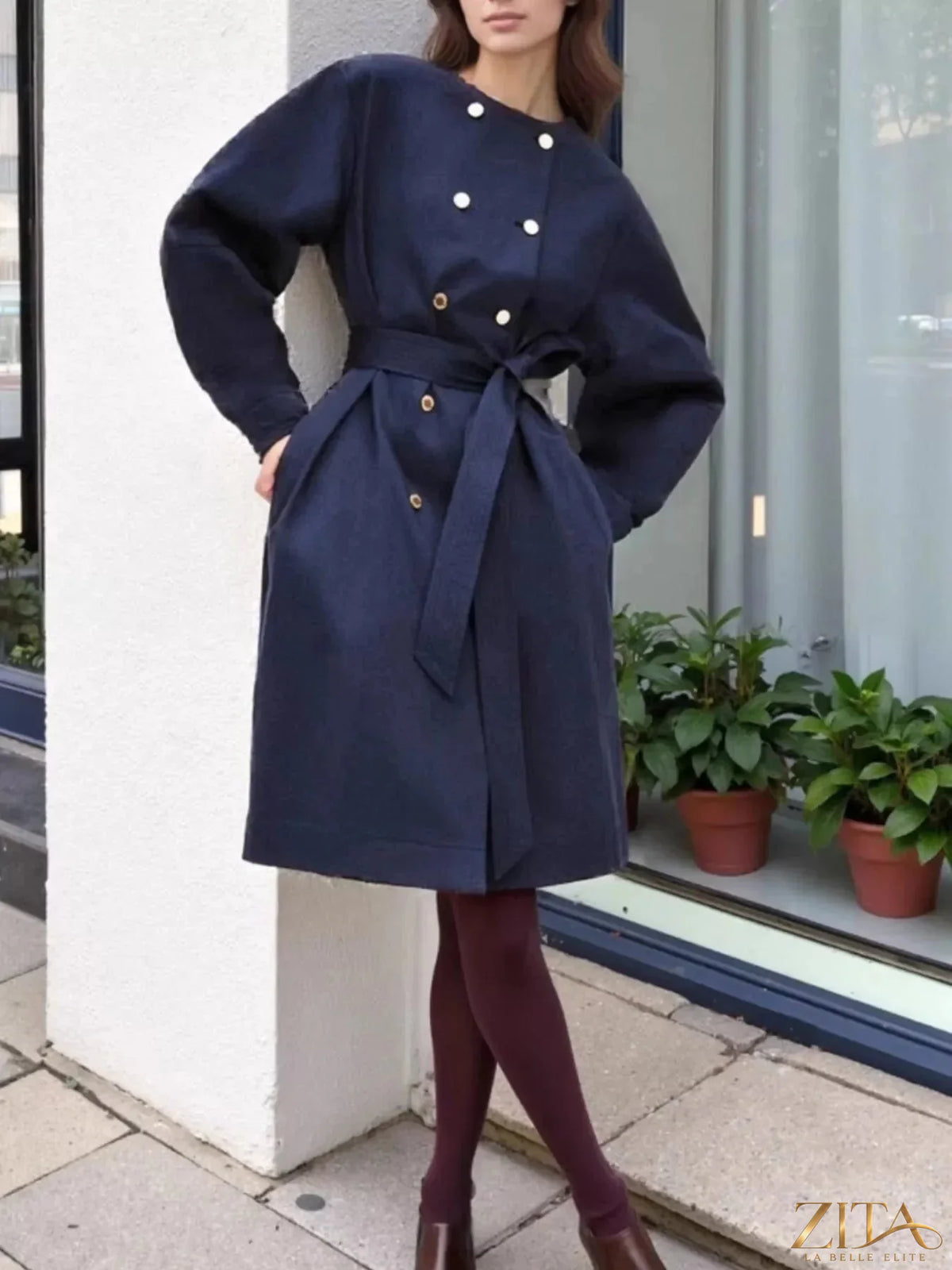 Zita La Belle Elite double-breasted long sleeve trench coat in classic beige, featuring a tailored fit and stylish lapels.