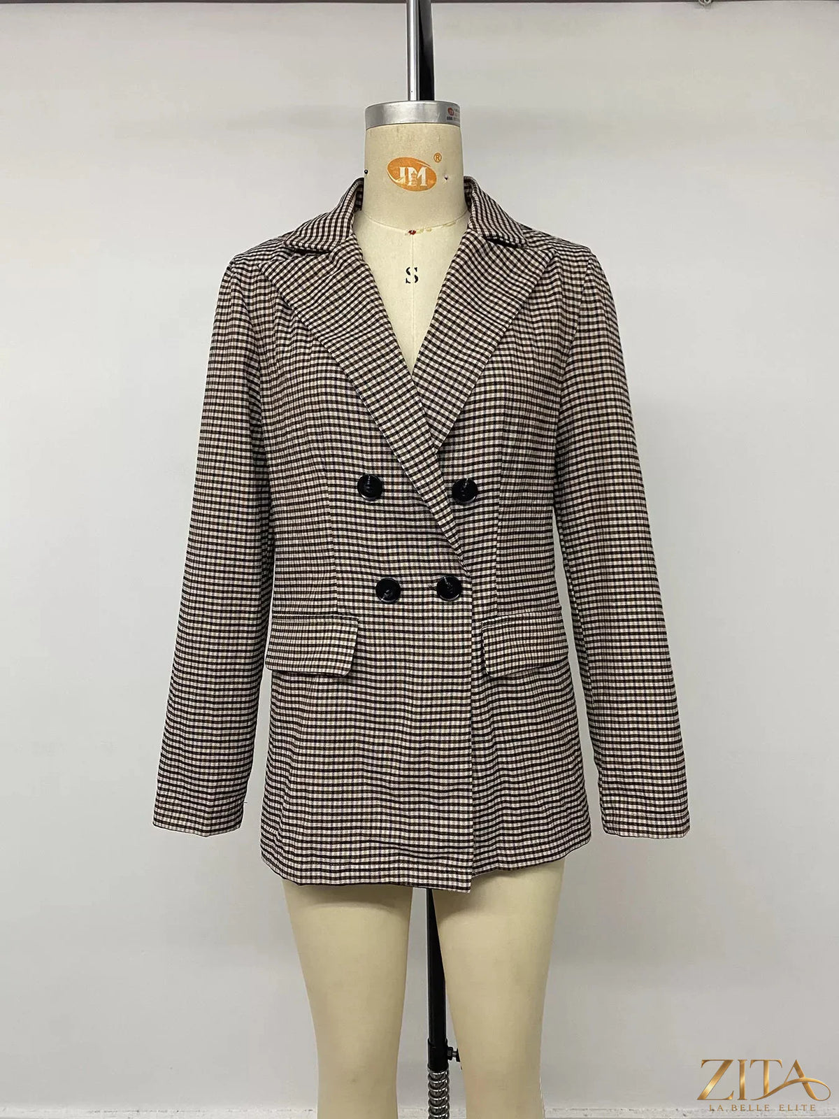 Zita La Belle Elite plaid blazer with lapel collar and double-breasted design, stylish tailored blazer for women.
