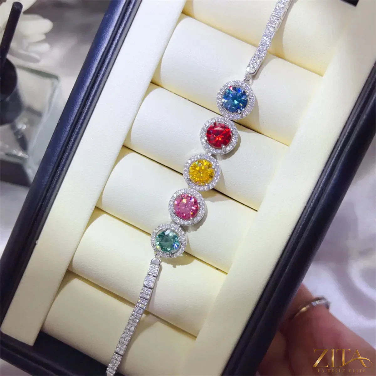 Sterling silver moissanite bracelet with 5-carat sparkling stones, elegant jewelry piece with a sleek design.