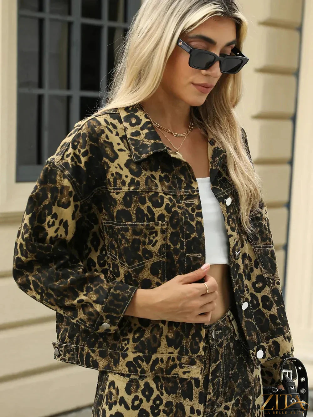 Zita La Belle Elite leopard print long sleeve denim jacket with pockets, stylish and casual for everyday wear