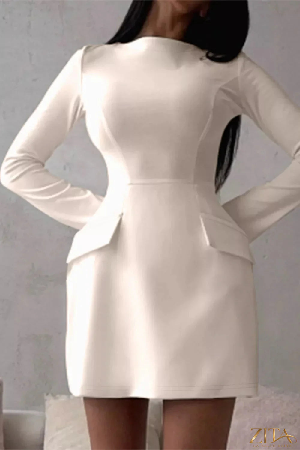 Long-sleeve mini dress with flap pockets by Trendsi, shown in a stylish, fitted design perfect for casual or semi-formal wear.