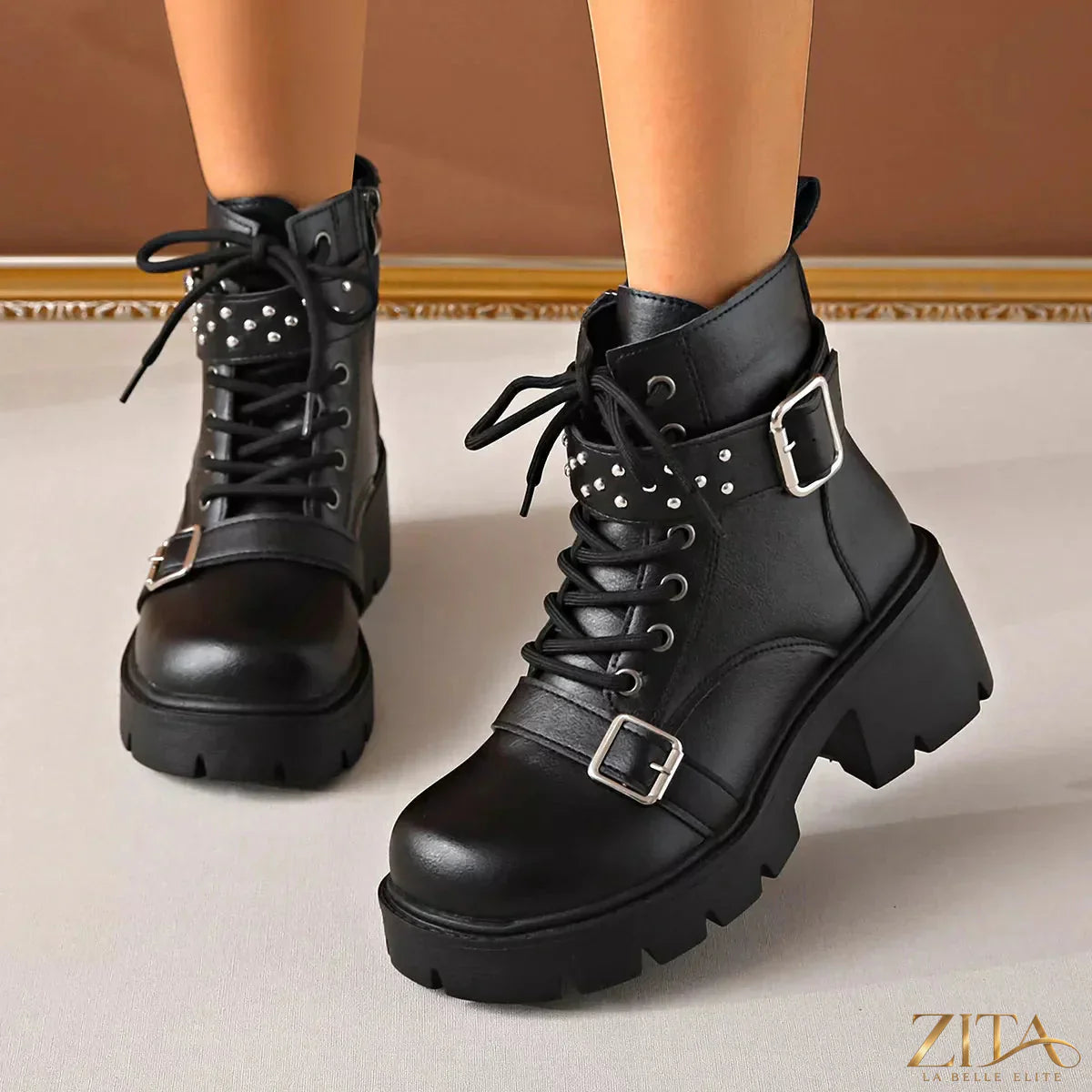 Trendsi round toe block heels boots in black leather with a sleek design and sturdy block heel for stylish comfort.