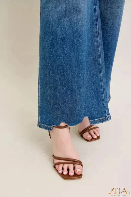 Zita La Belle Elite Judy Blue tummy control distressed wide jeans displayed on a model, showcasing their fit and stylish design
