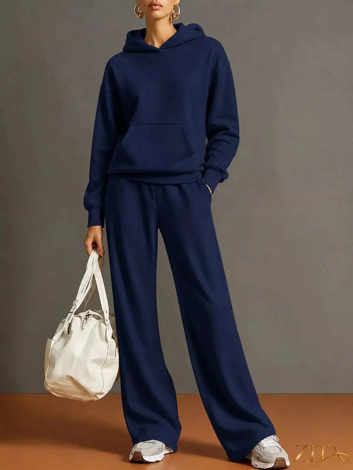 Zita La Belle Elite kangaroo pocket hoodie and matching pants set, soft fabric, casual two-piece outfit for comfortable wear