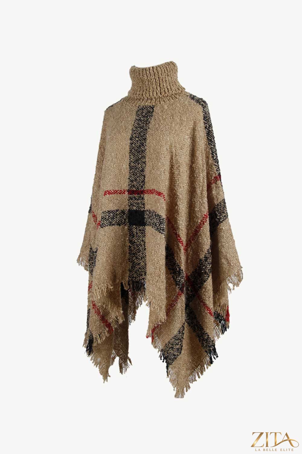 Plaid turtleneck poncho with raw hem, featuring a cozy, layered design in warm fall colors, styled for casual wear.