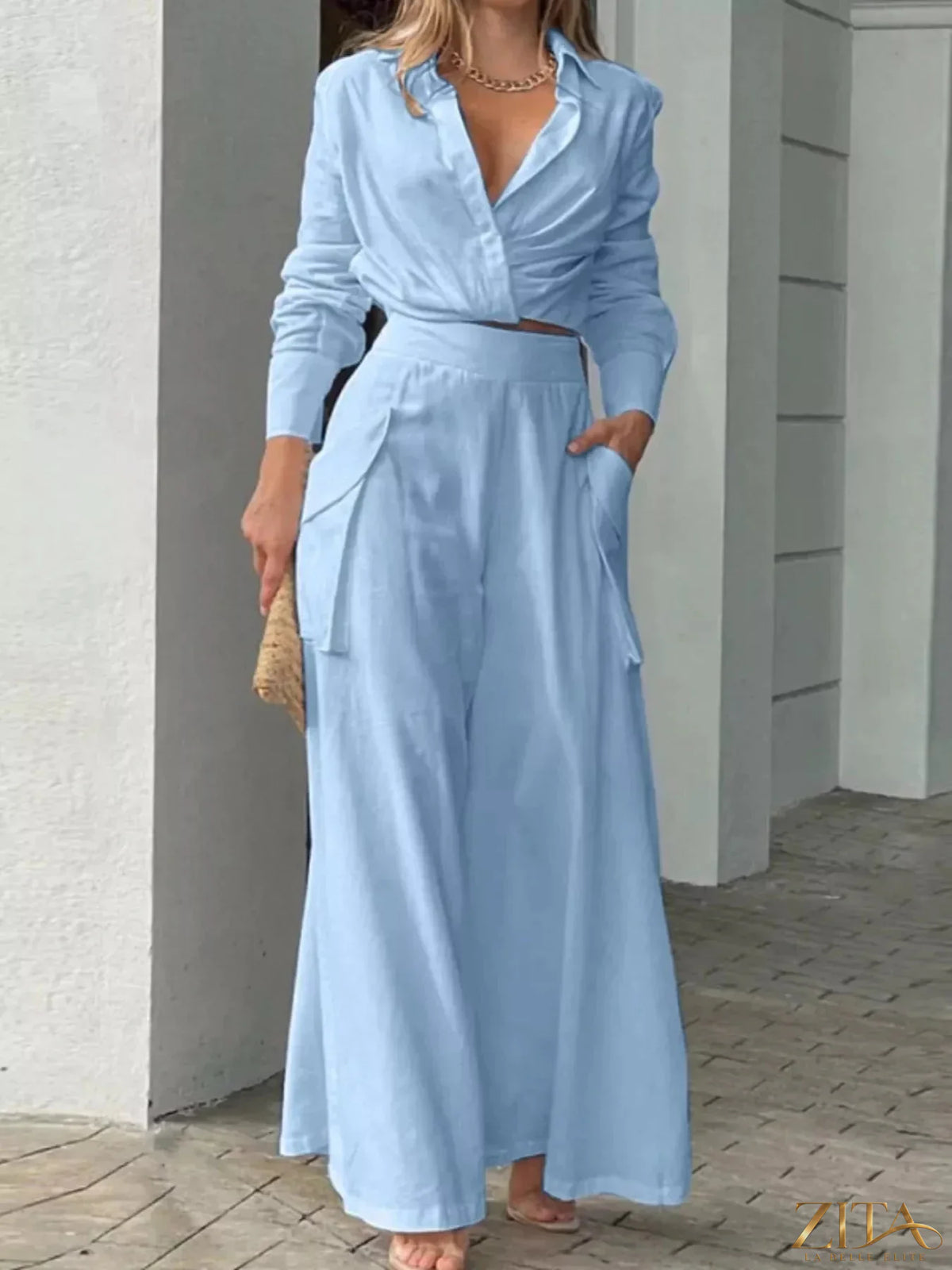 Zita La Belle Elite long sleeve shirt and wide-leg pants set in soft fabric, shown on a model with neutral background.