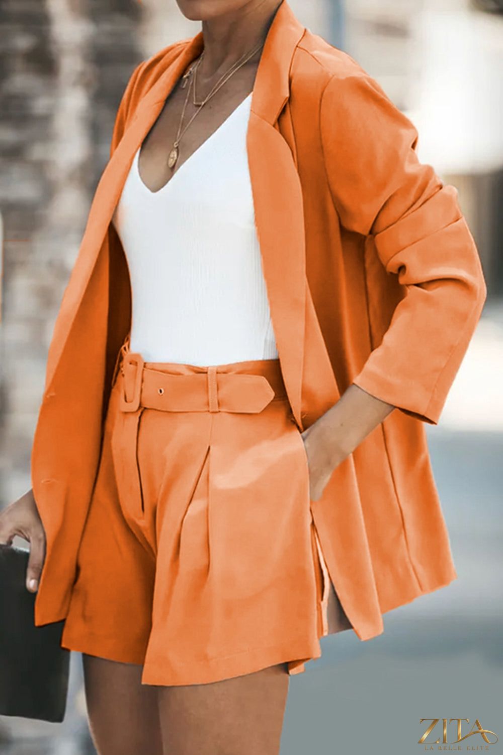Zita La Belle Elite longline blazer and shorts set with pockets, stylish tailored design in neutral fabric.