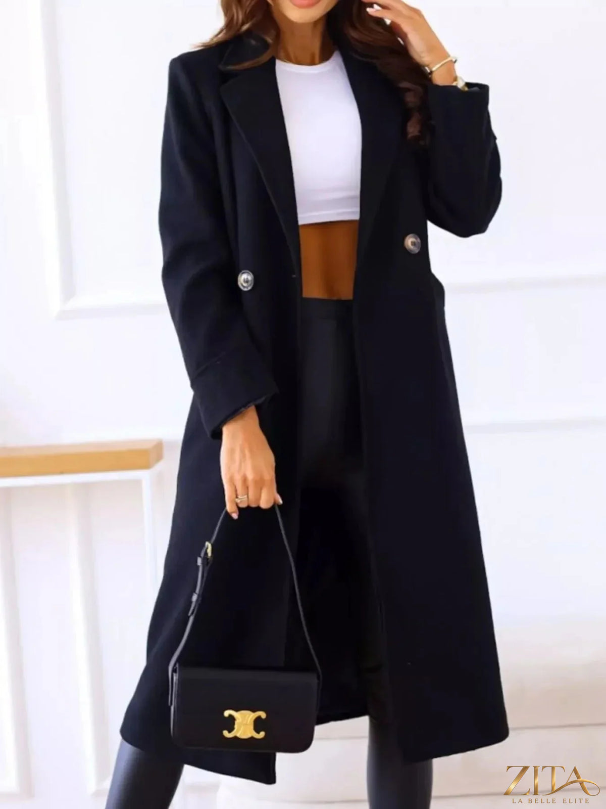 Zita La Belle Elite wool blend overcoat with lapel collar, tailored fit, in a classic style, shown in a front view.