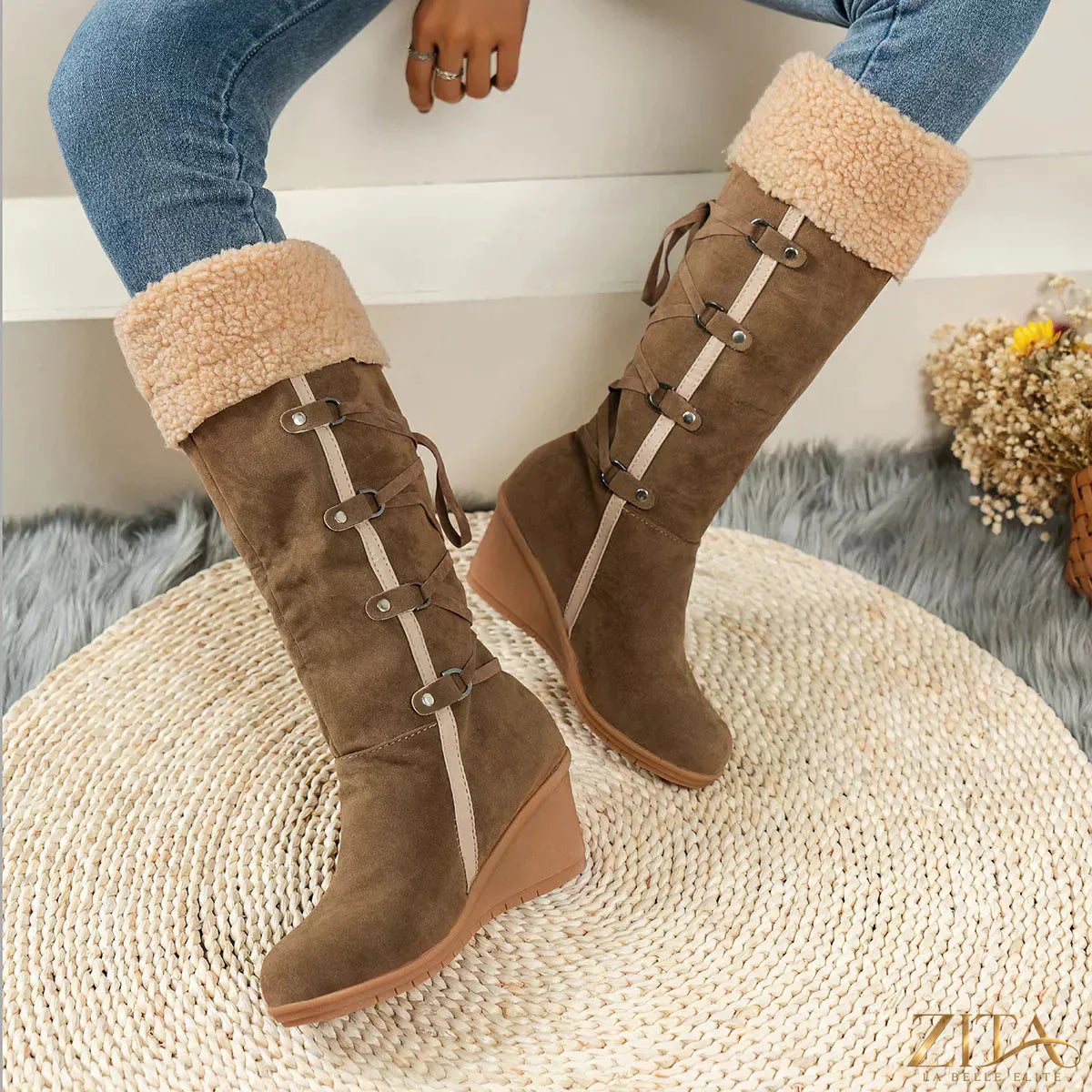 Zita La Belle Elite round toe wedge boots with brown leather upper and sturdy heel, stylish and comfortable footwear for casual wear.