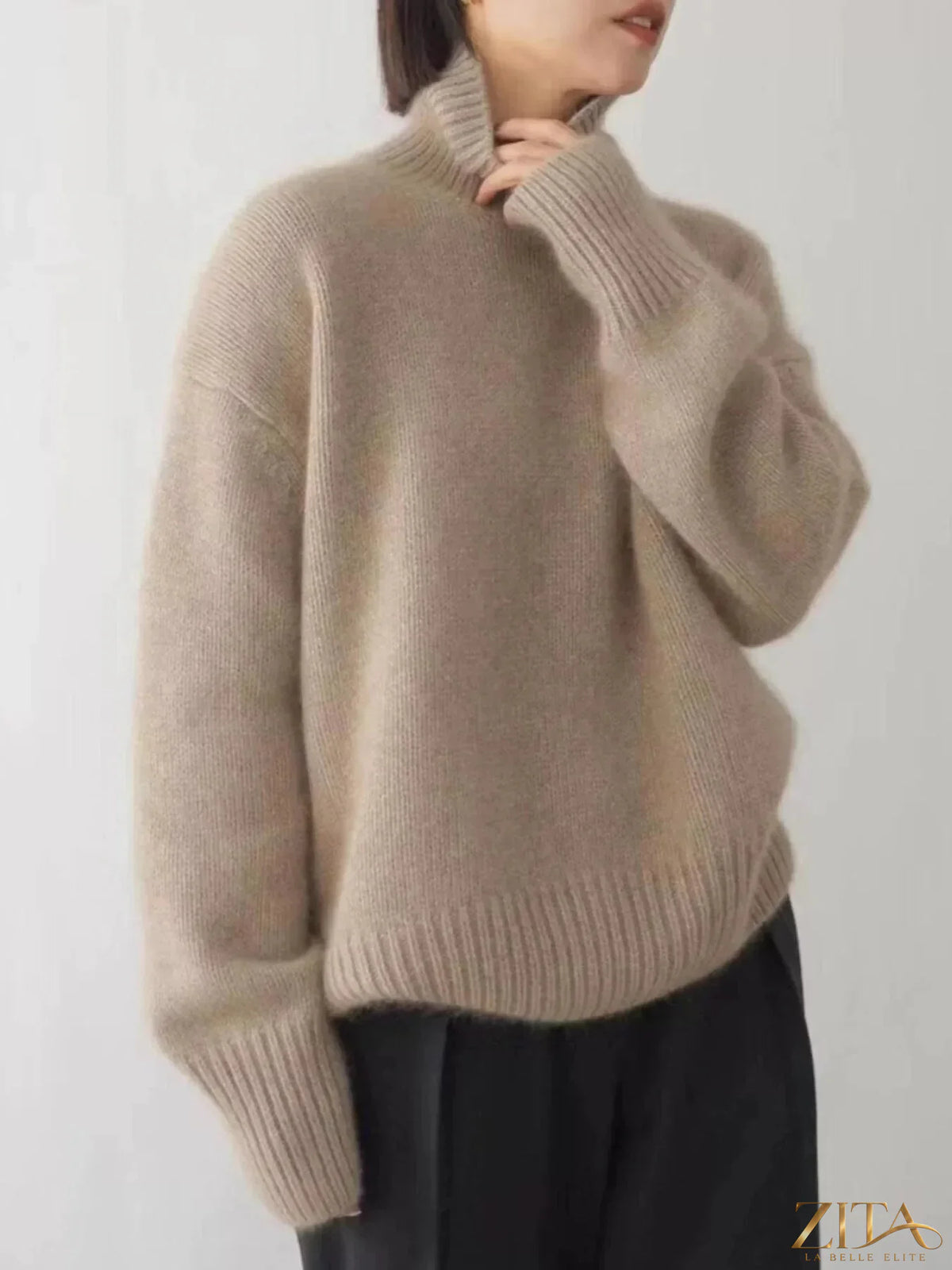 Zita La Belle Elite turtleneck dropped shoulder sweater in soft knit fabric, featuring a cozy, relaxed fit and stylish design.