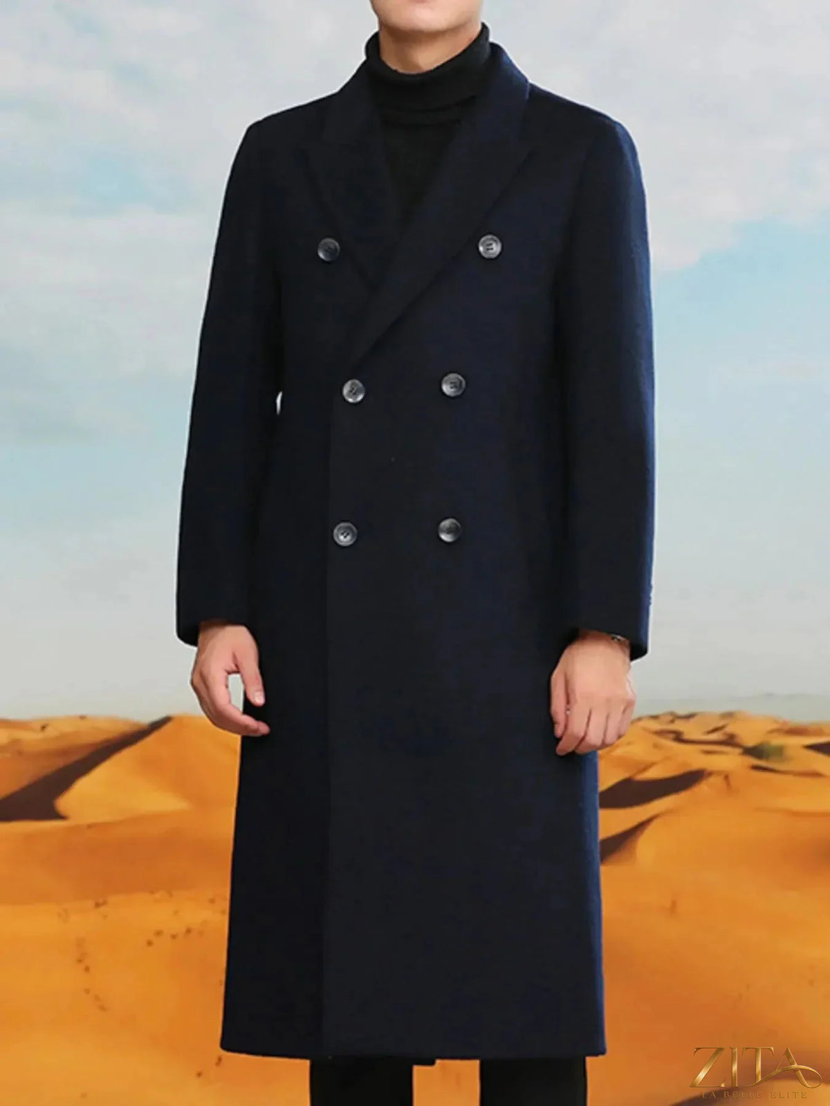 Men's plus size double-breasted longline coat by Zita La Belle Elite, shown in a stylish, full-length view with classic design.