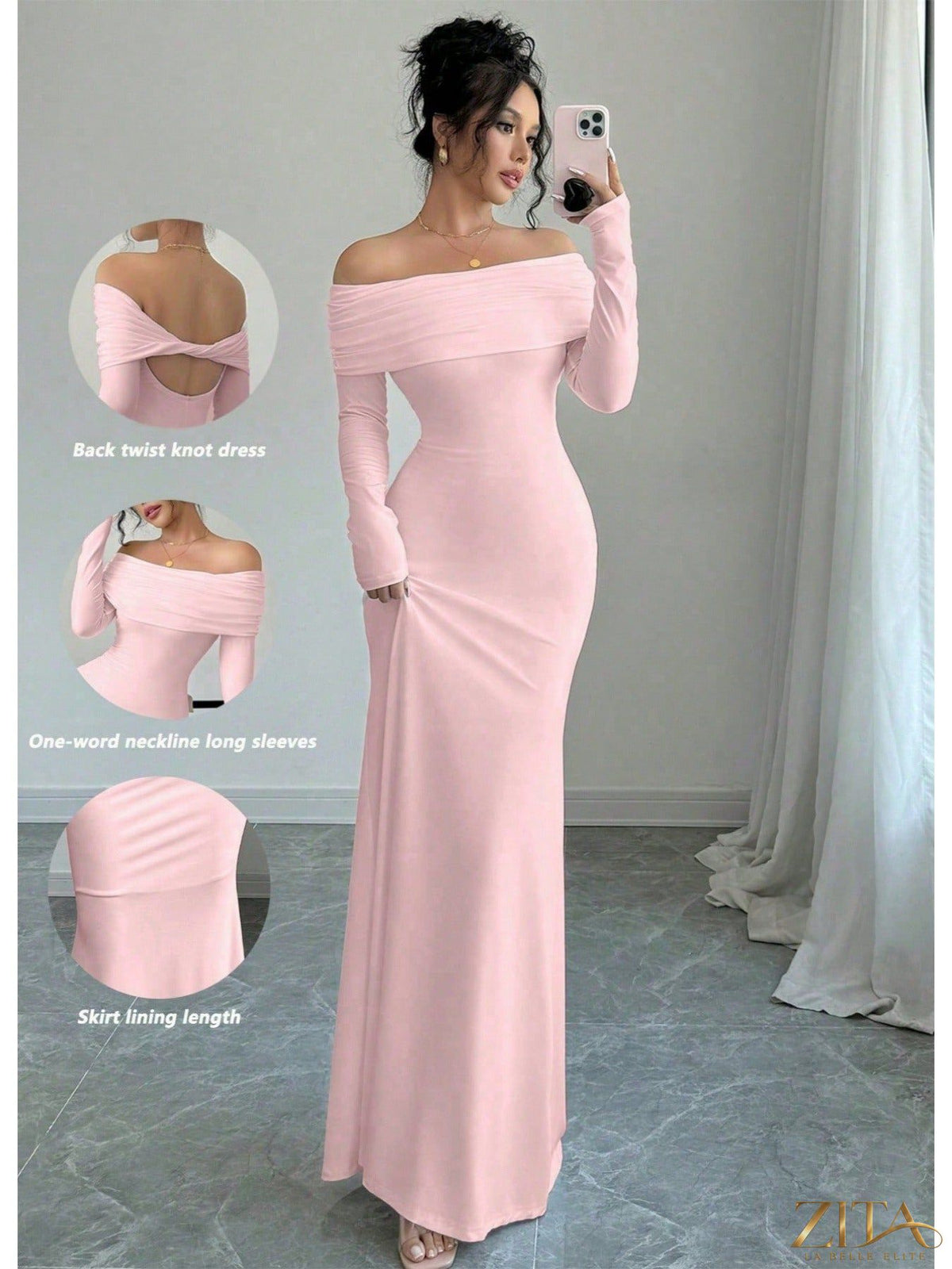 Elegant off-shoulder midi evening gown by Zita La Belle Elite, featuring flowing fabric and sophisticated design for women.