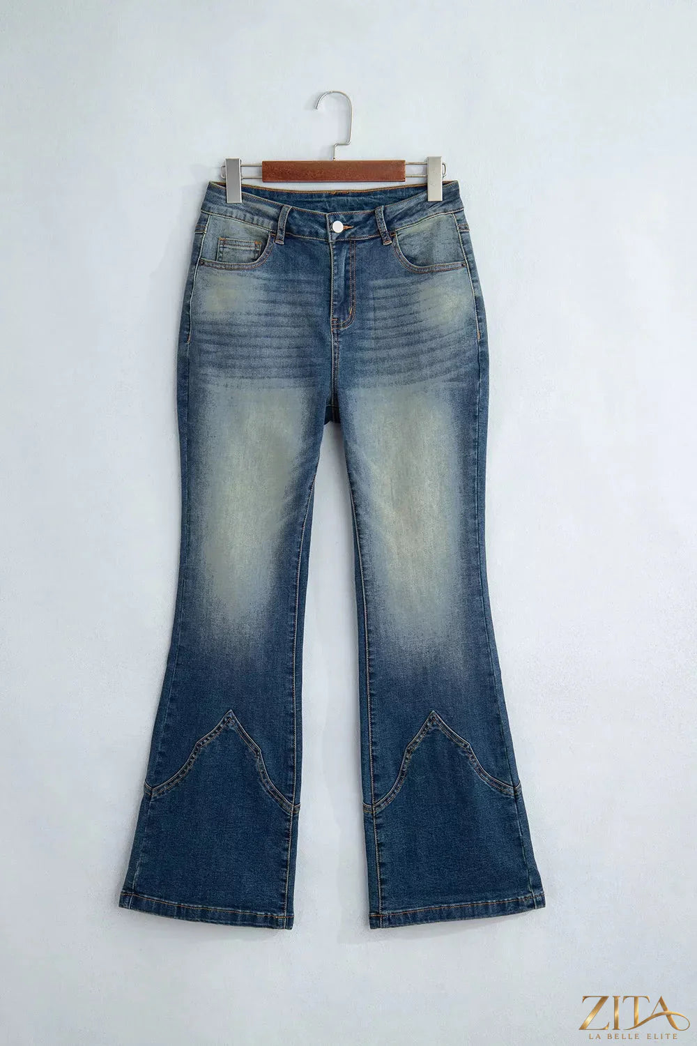 Zita La Belle Elite pocket detail flare leg jeans with classic denim wash and stylish flare silhouette, front view.