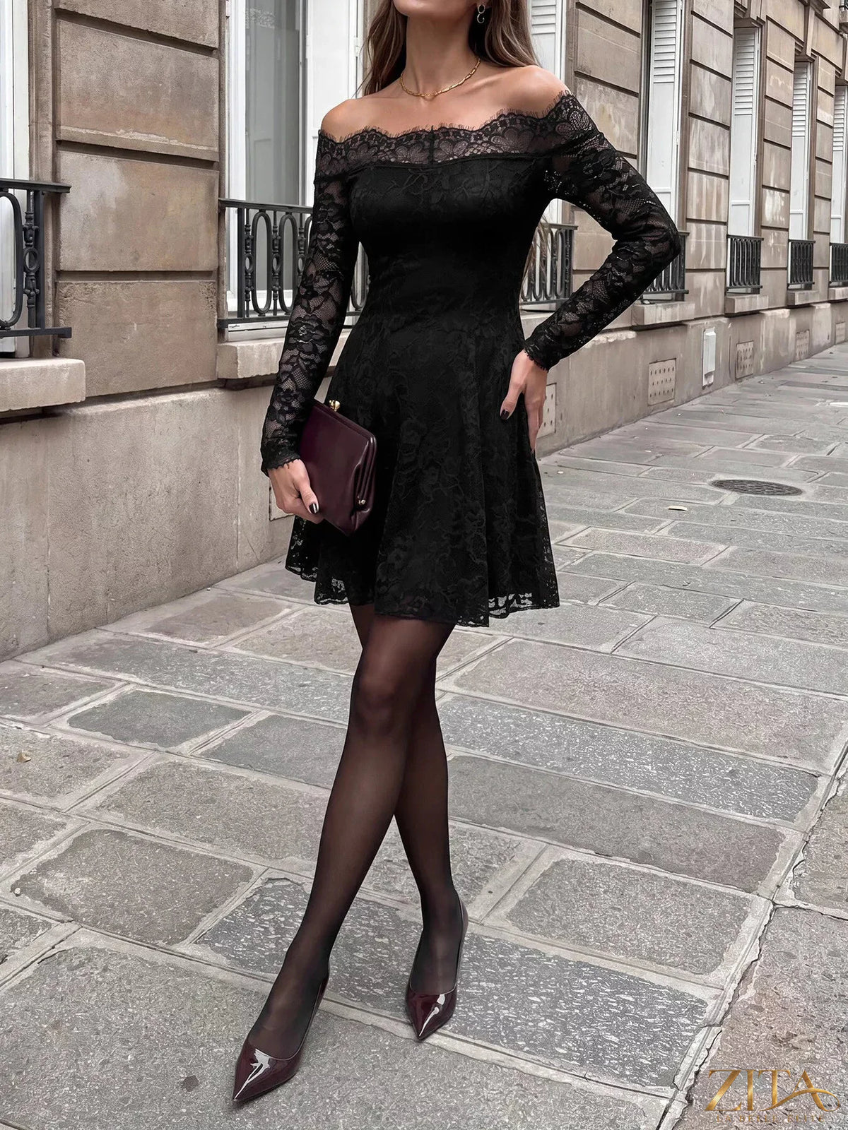 Zita La Belle Elite lace off-shoulder mini dress with long sleeves, fitted silhouette, perfect for stylish evening wear.