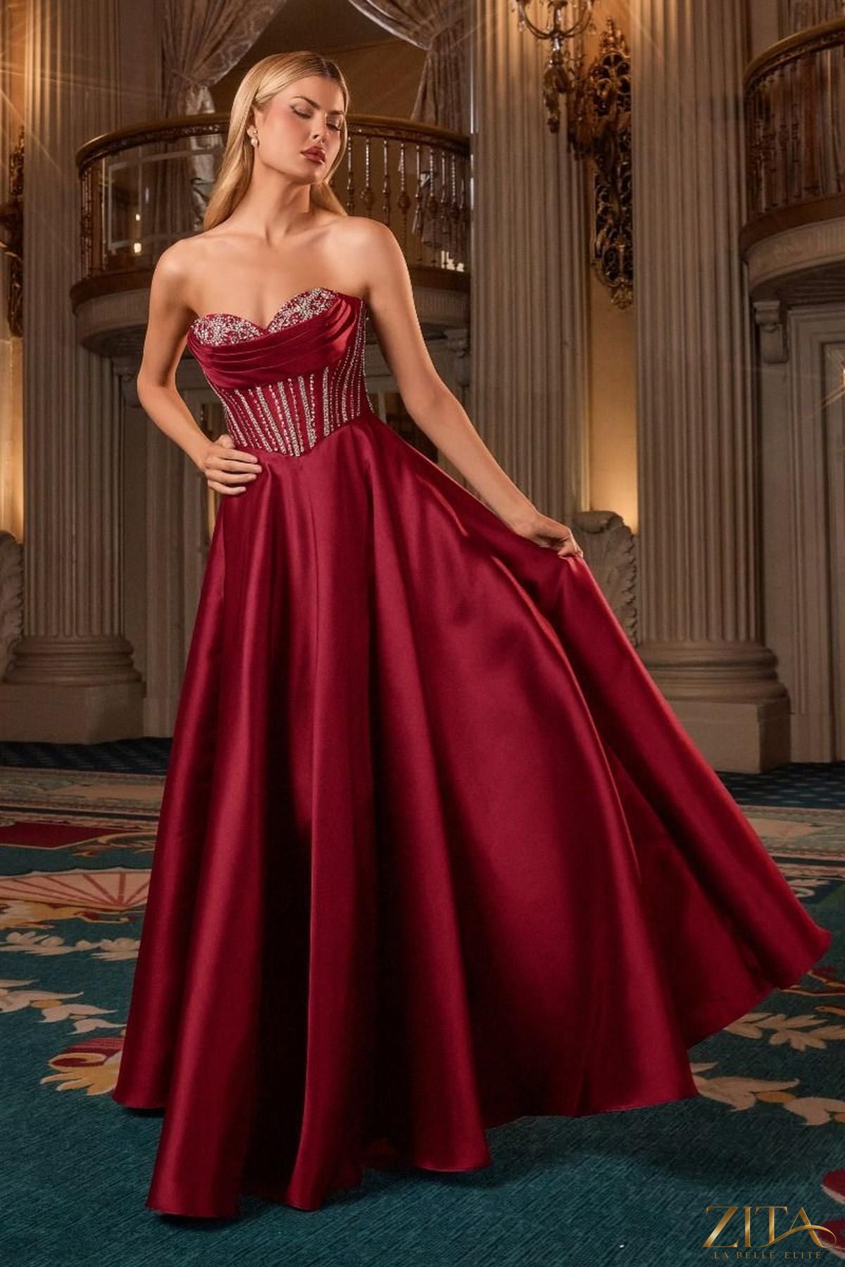 Burgundy Mikado strapless ball gown with sweetheart neckline by Zita La Belle Elite, front view showcasing elegant design.