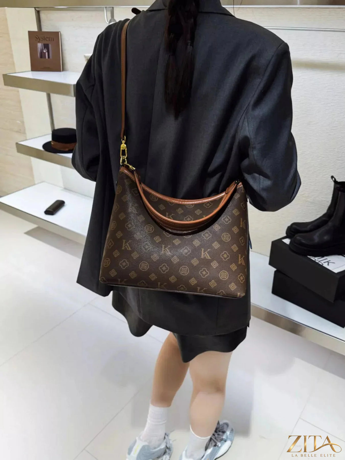 Zita La Belle Elite Monogram Pattern Shoulder Bag with adjustable strap and elegant design on smooth leather surface.