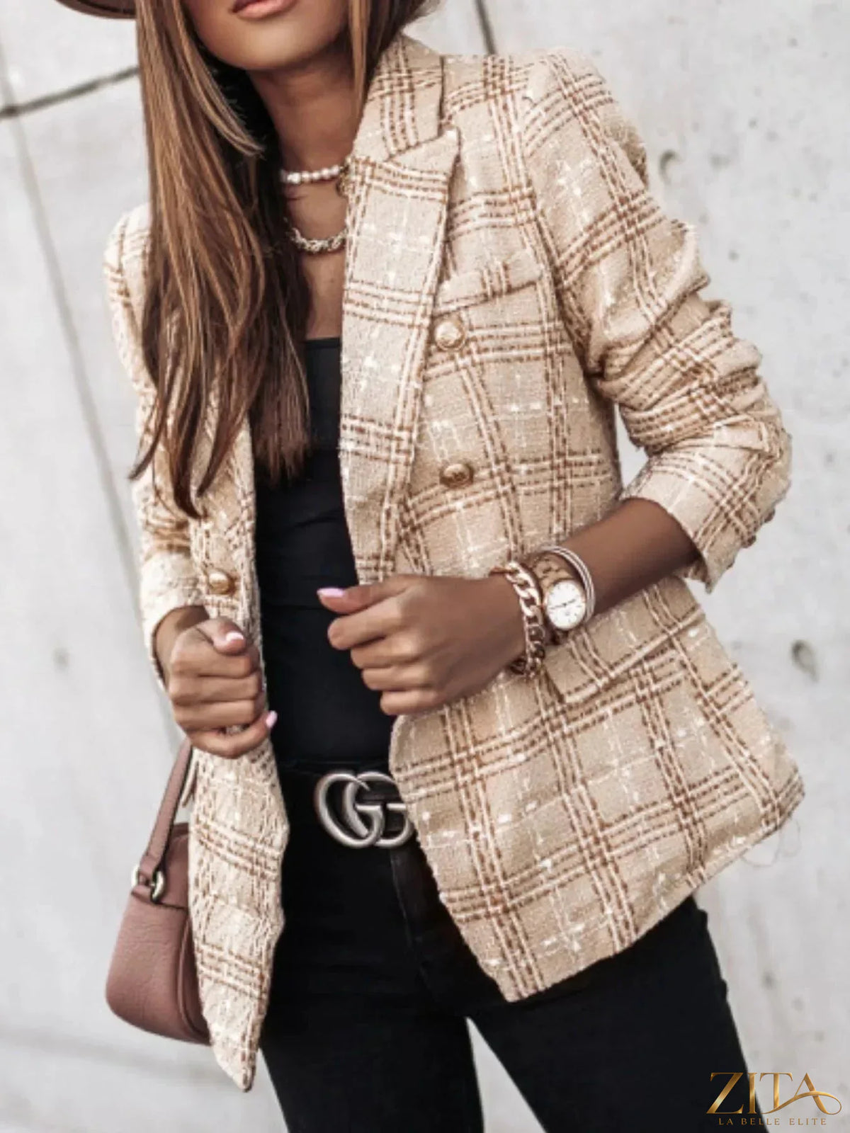 Plus size plaid tweed double-breasted blazer by Zita La Belle Elite, featuring a stylish full-size tailored fit with classic pattern.