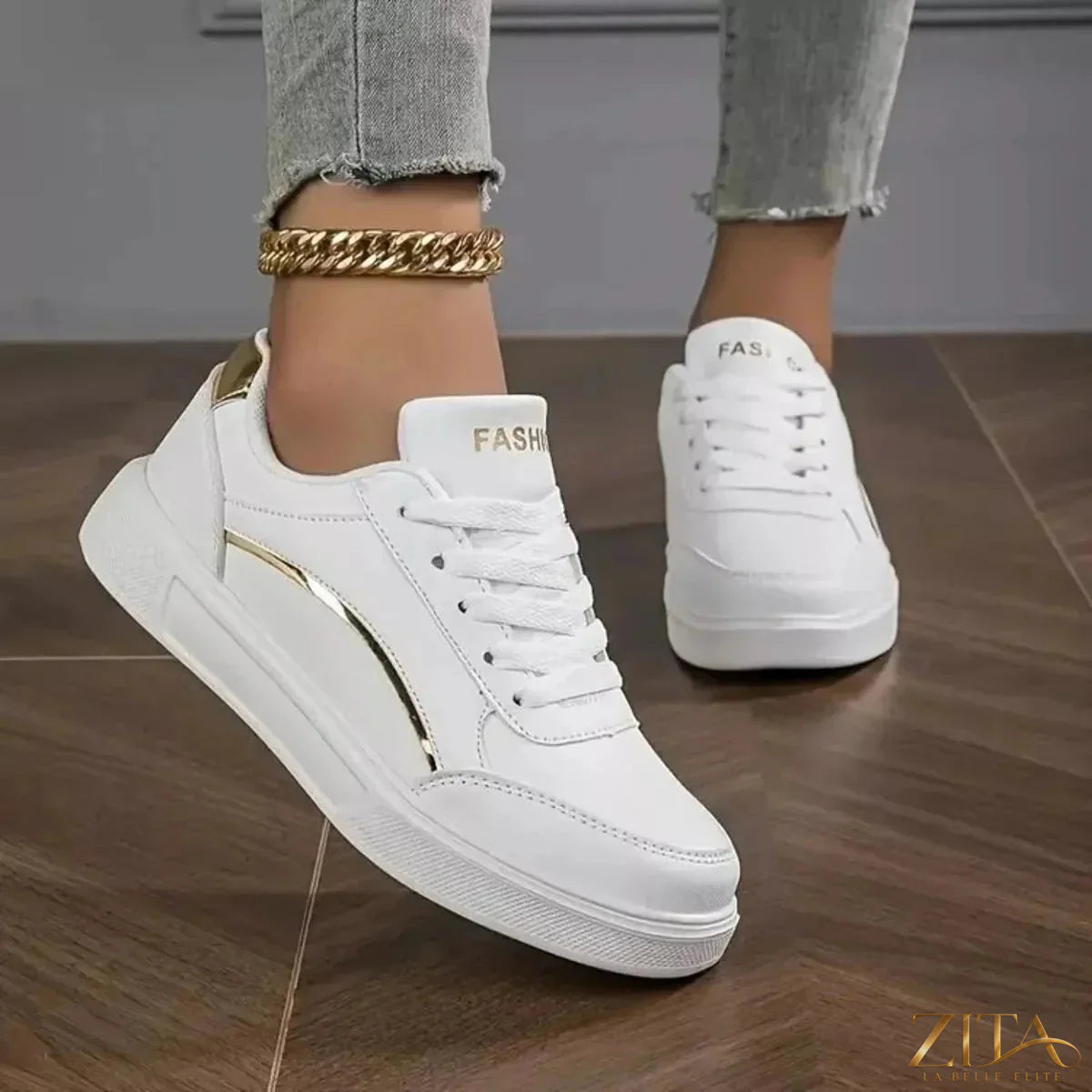 Zita La Belle Elite round toe lace-up sneakers in white with stylish design and comfortable fit.
