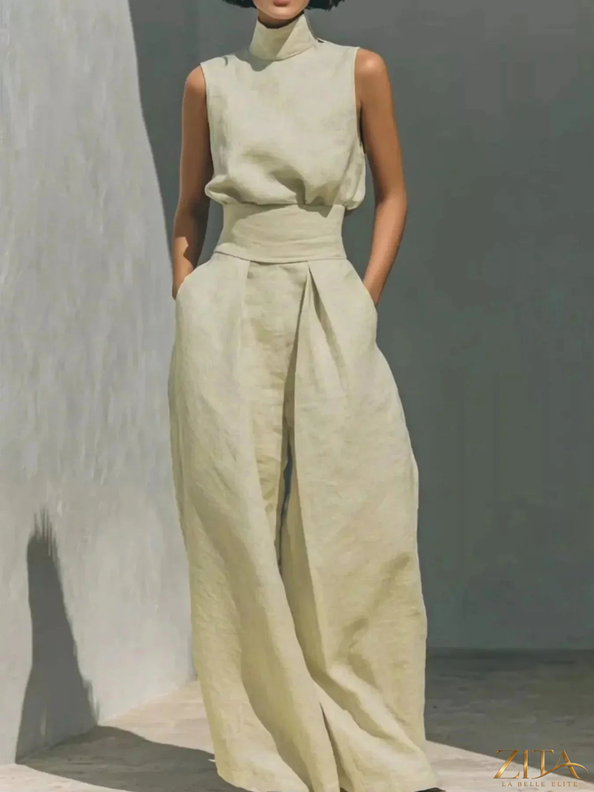 Plus size Zita La Belle Elite sleeveless turtleneck top and wide-leg pants set, shown in a full size, front view.